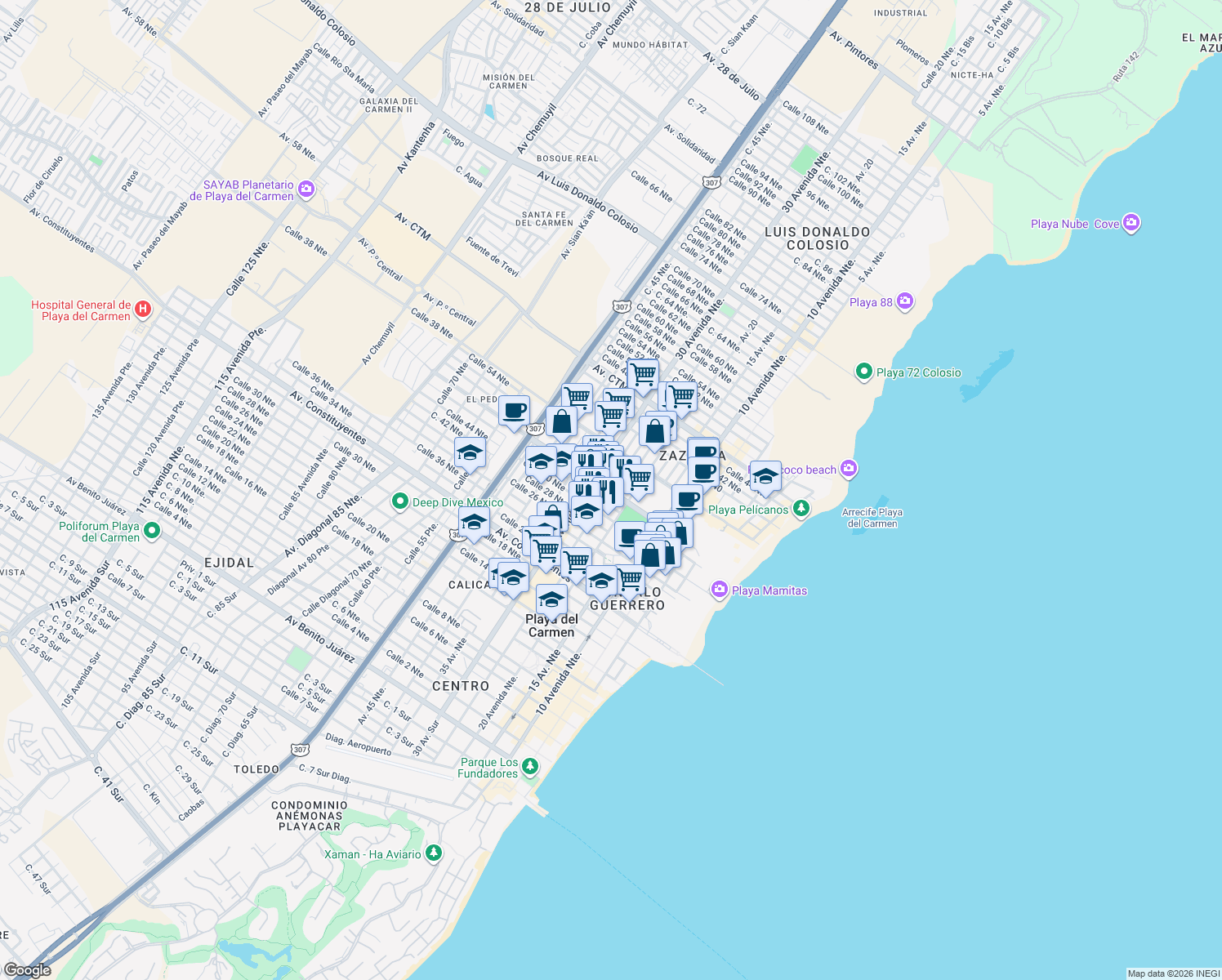 map of restaurants, bars, coffee shops, grocery stores, and more near Calle 34 Norte in Playa del Carmen