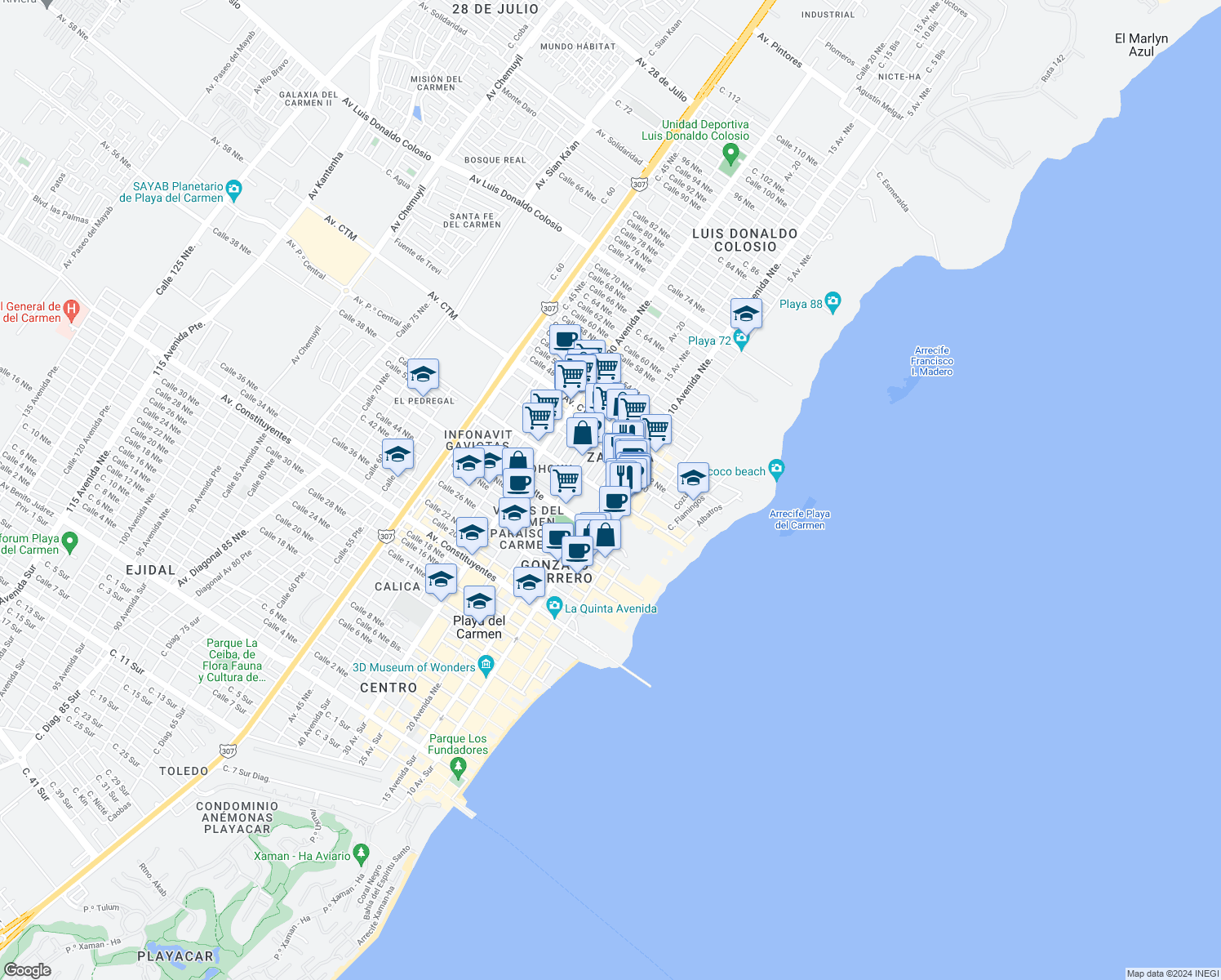 map of restaurants, bars, coffee shops, grocery stores, and more near 77710 10 Avenida Norte Bis in Playa del Carmen