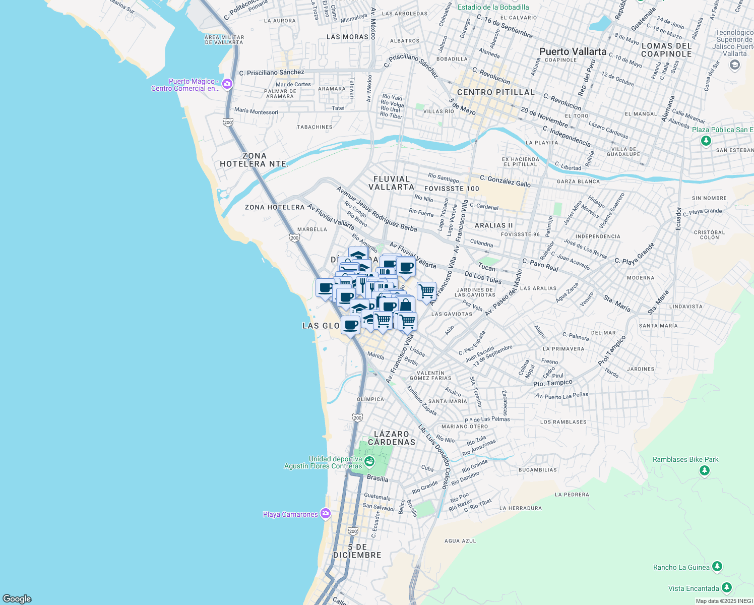 map of restaurants, bars, coffee shops, grocery stores, and more near 203 Viena in Puerto Vallarta
