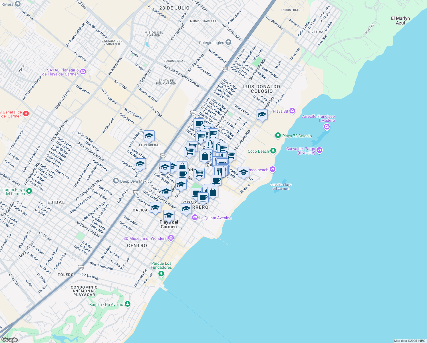 map of restaurants, bars, coffee shops, grocery stores, and more near 77710 10 Avenida Norte Bis in Playa del Carmen