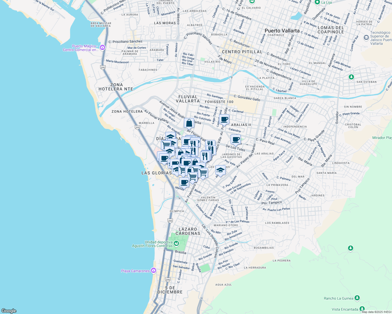 map of restaurants, bars, coffee shops, grocery stores, and more near LB Aldanaca in Puerto Vallarta