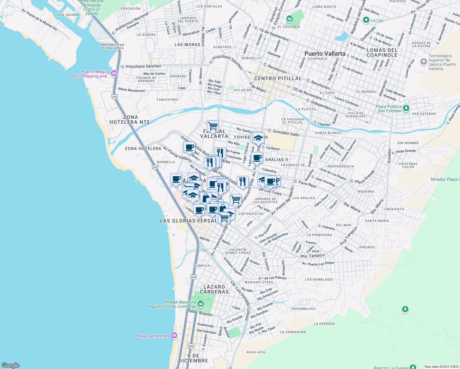 map of restaurants, bars, coffee shops, grocery stores, and more near in Puerto Vallarta