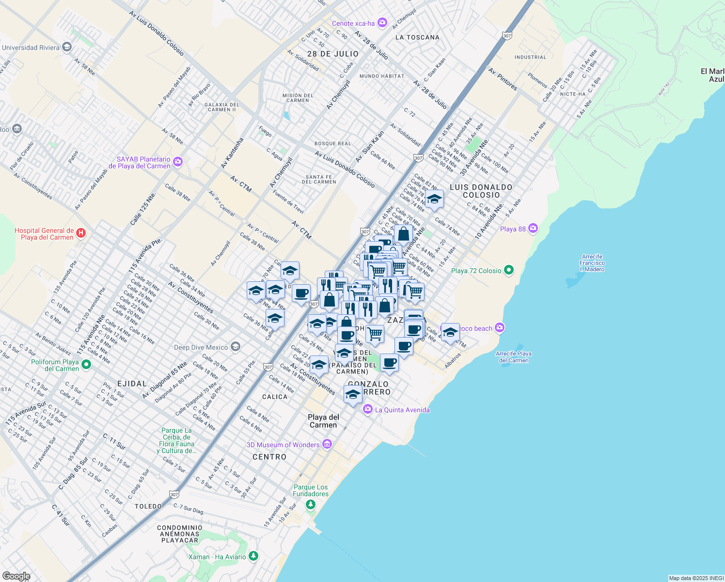 map of restaurants, bars, coffee shops, grocery stores, and more near Calle 42 Norte in Playa del Carmen
