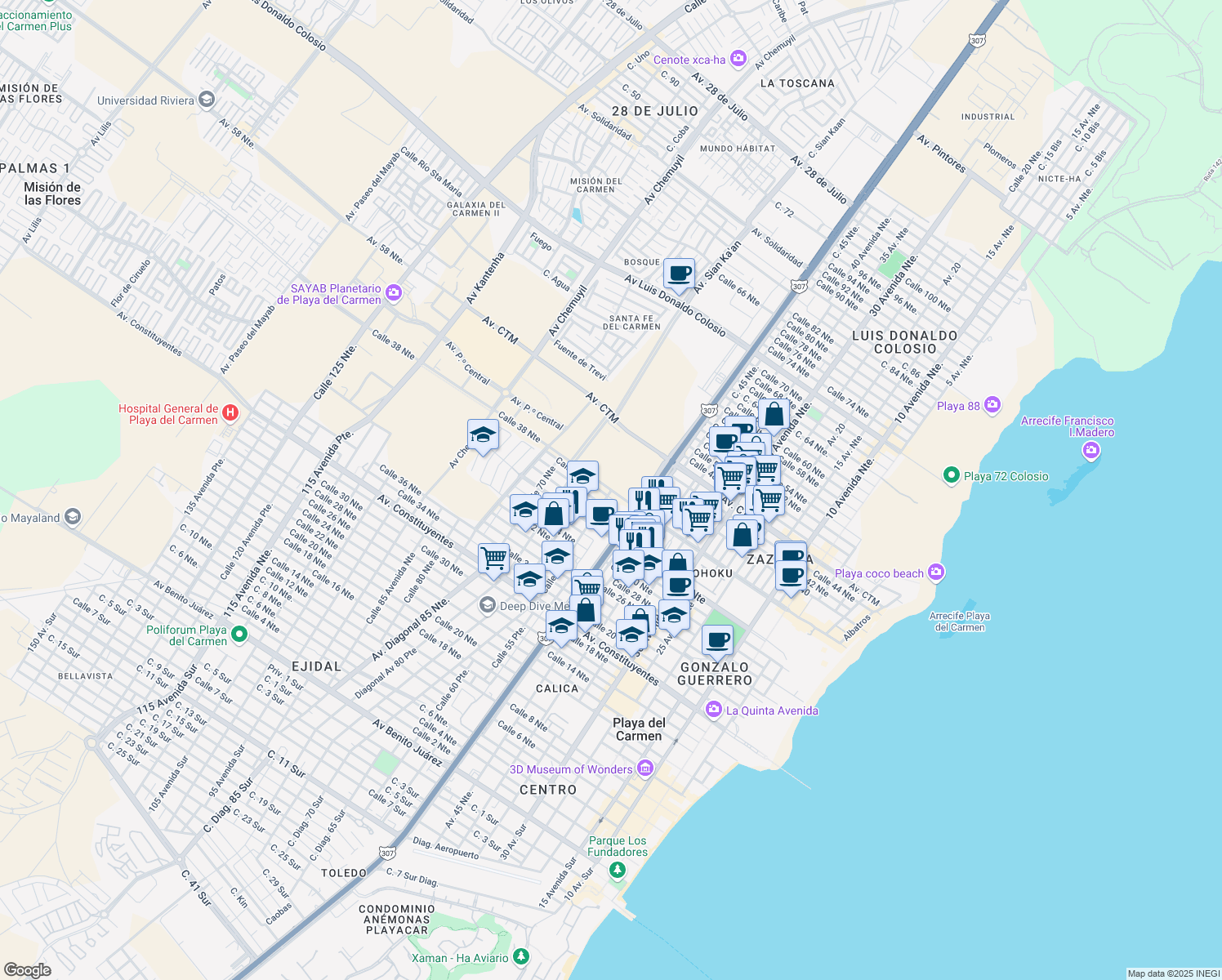 map of restaurants, bars, coffee shops, grocery stores, and more near Calle 38 Norte in Playa del Carmen
