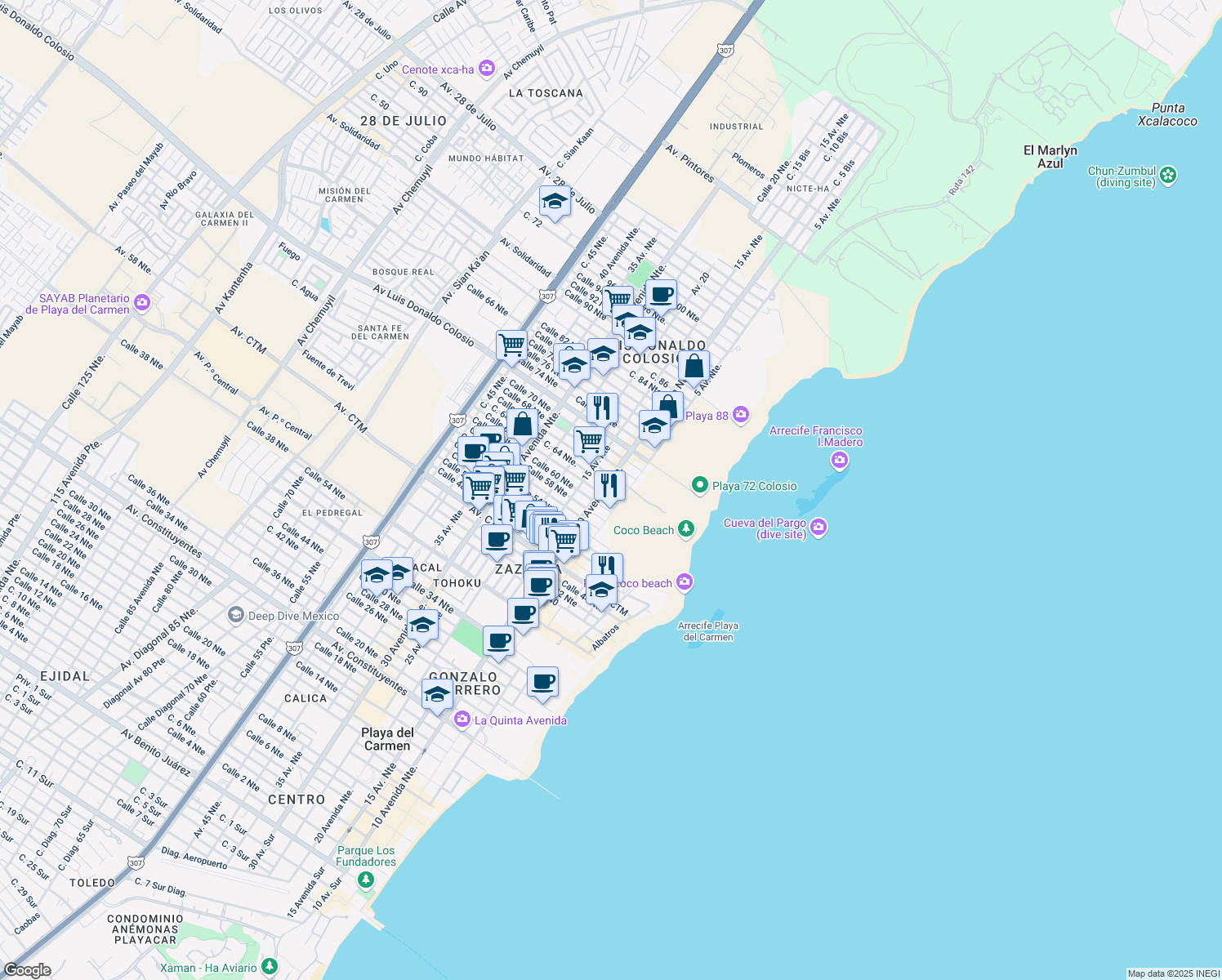 map of restaurants, bars, coffee shops, grocery stores, and more near 15 Calle 64 Norte in Playa del Carmen