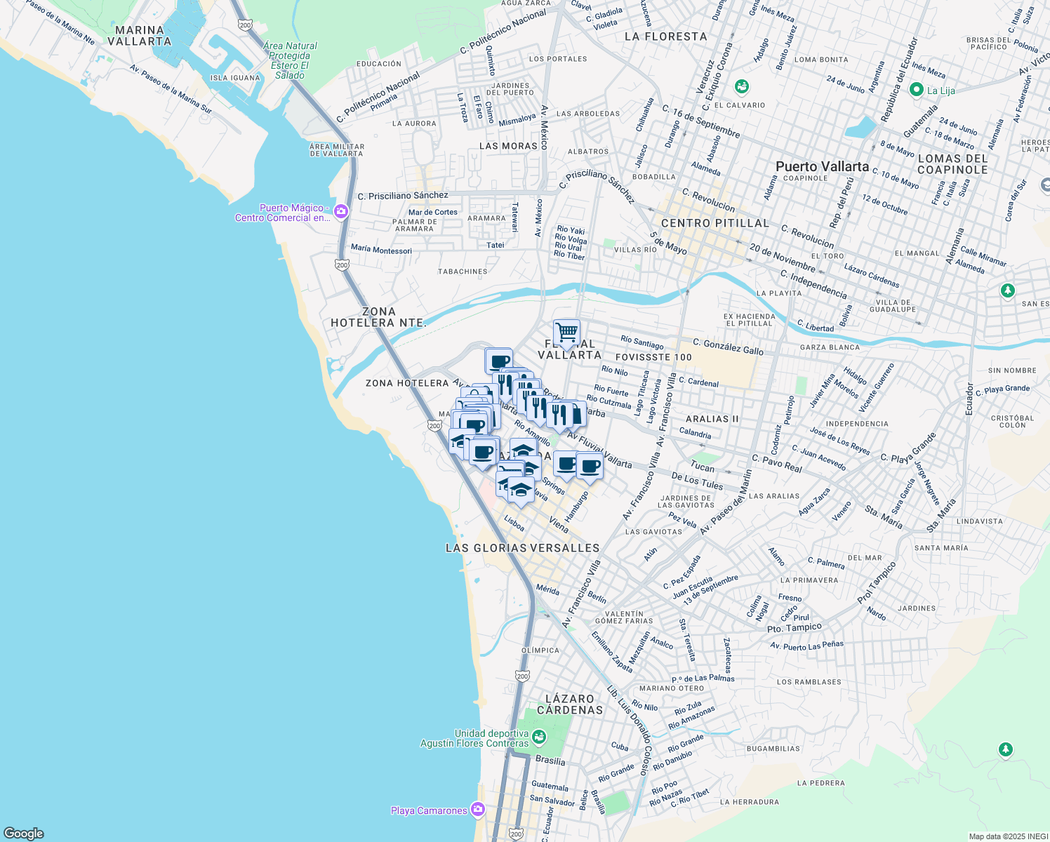 map of restaurants, bars, coffee shops, grocery stores, and more near 243 Avenida Fluvial Vallarta in Puerto Vallarta