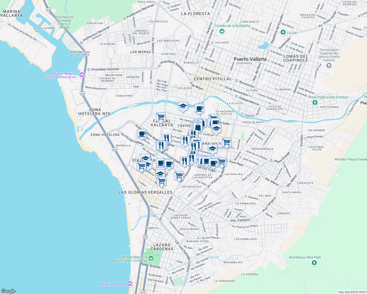 map of restaurants, bars, coffee shops, grocery stores, and more near 124 Avenue Jesus Rodríguez Barba in Puerto Vallarta