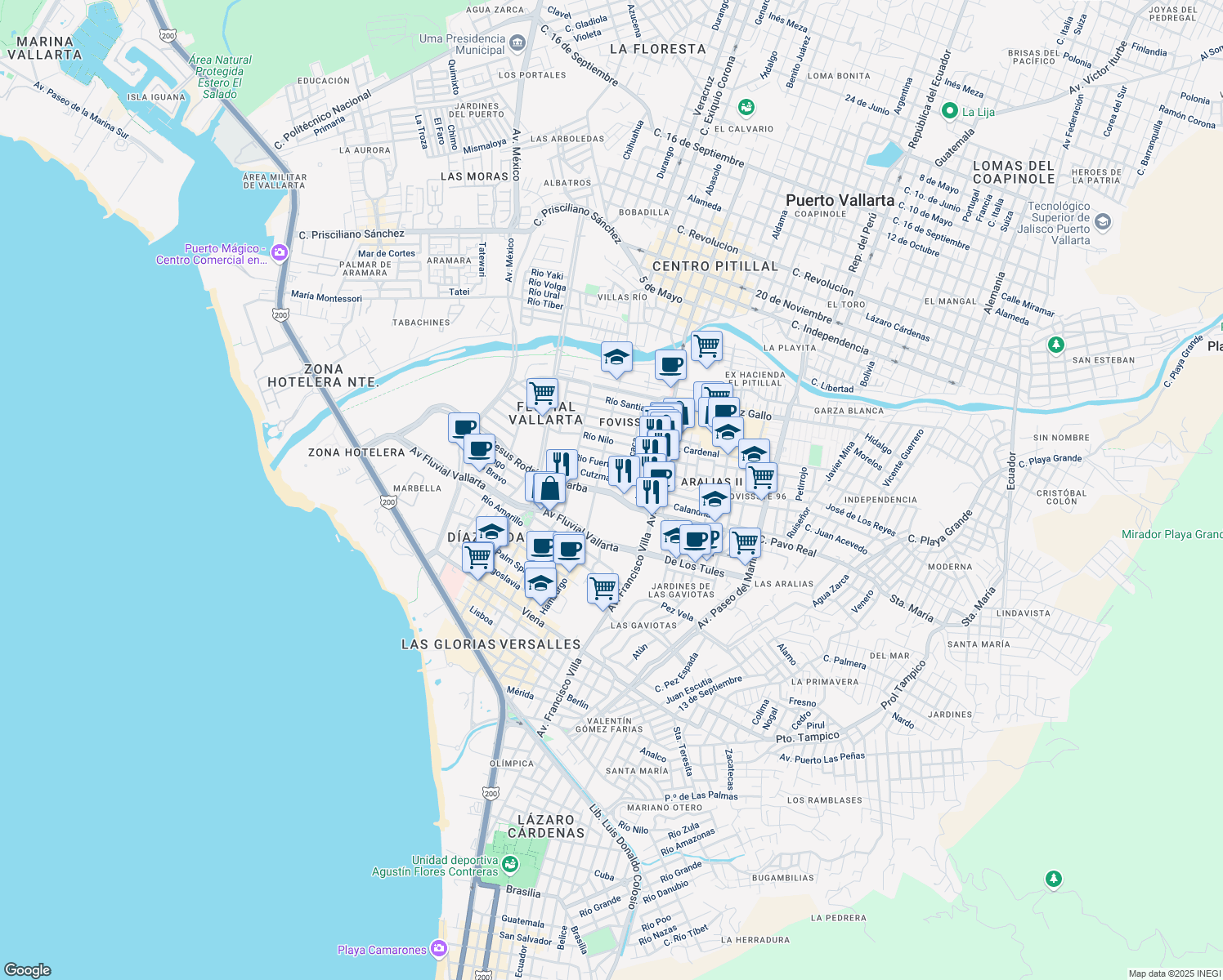 map of restaurants, bars, coffee shops, grocery stores, and more near 124 Avenue Jesus Rodríguez Barba in Puerto Vallarta