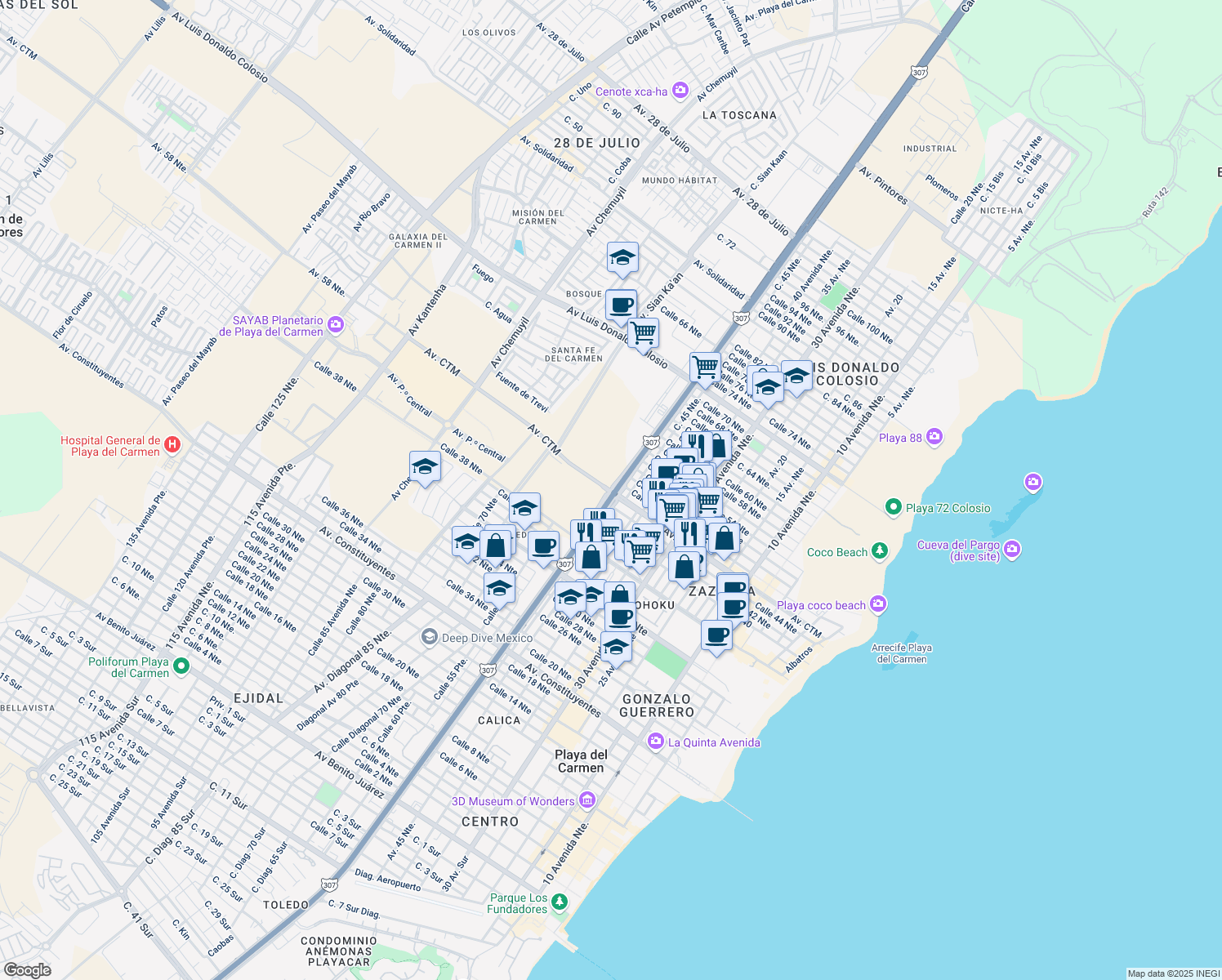 map of restaurants, bars, coffee shops, grocery stores, and more near Avenida CTM in Playa del Carmen