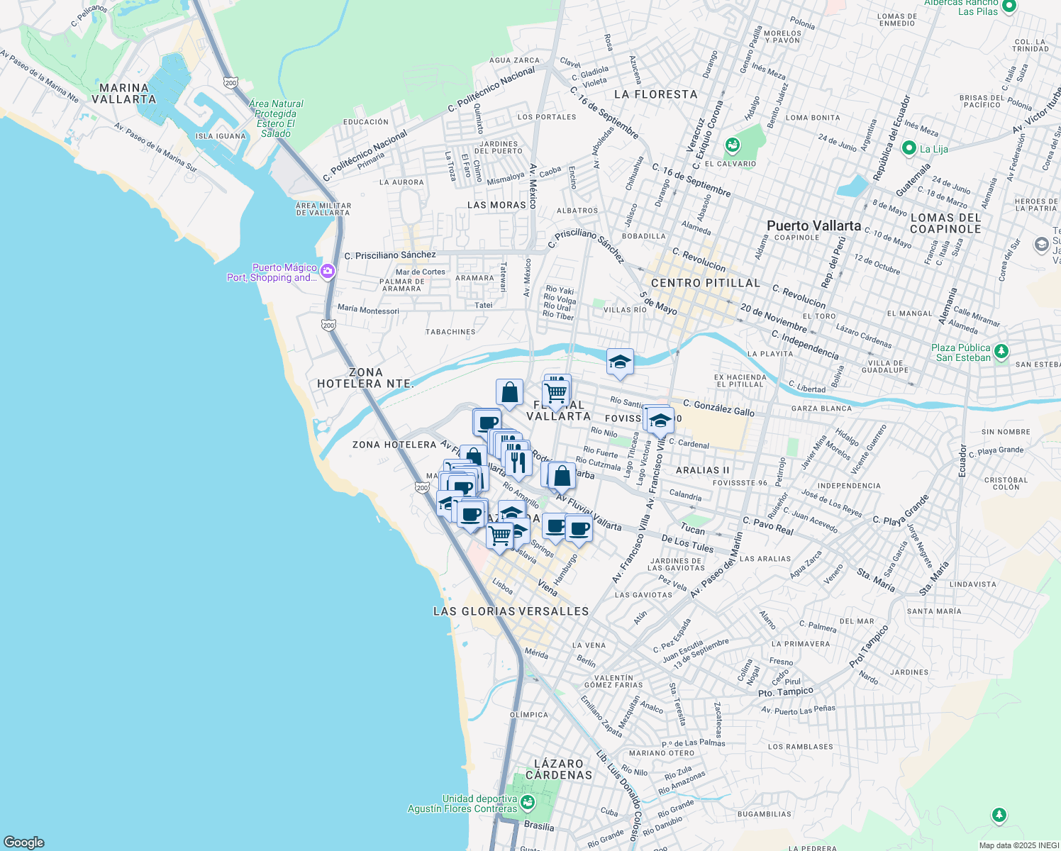 map of restaurants, bars, coffee shops, grocery stores, and more near 159 Lago Salado in Puerto Vallarta