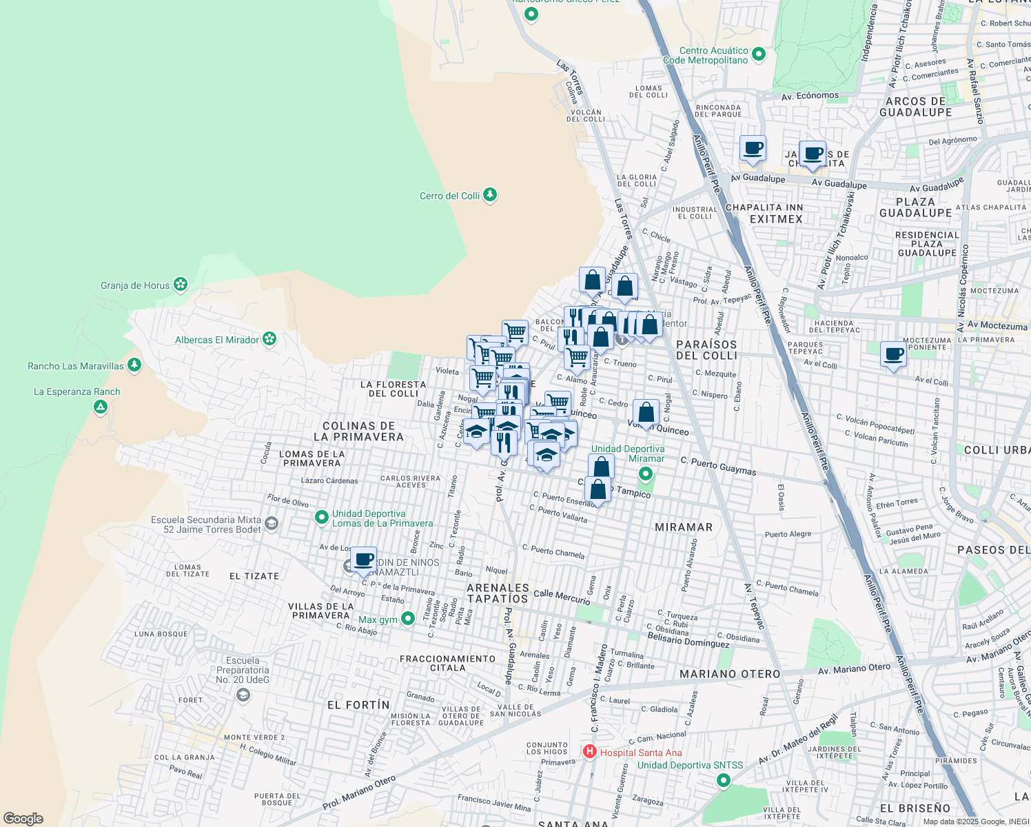 map of restaurants, bars, coffee shops, grocery stores, and more near 420 Prolongación Avenida Guadalupe in Zapopan