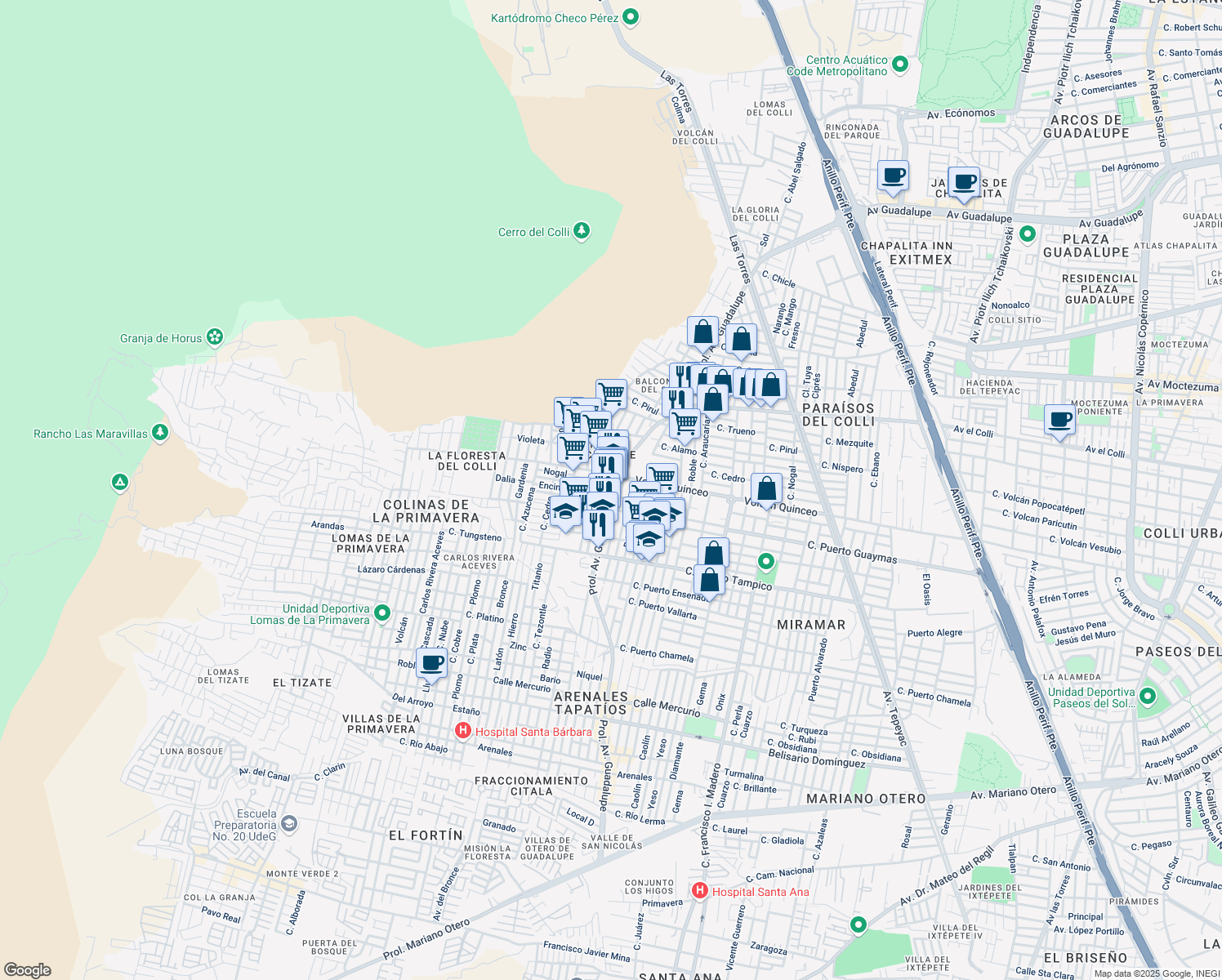map of restaurants, bars, coffee shops, grocery stores, and more near 420 Prolongación Avenida Guadalupe in Zapopan
