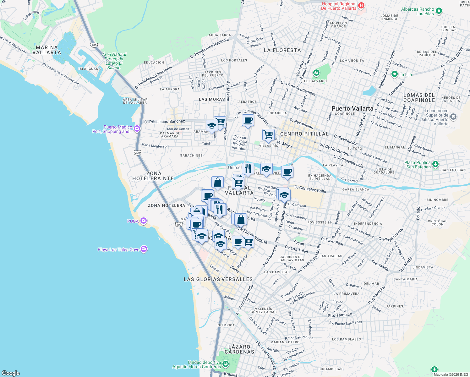 map of restaurants, bars, coffee shops, grocery stores, and more near 159 Lago Salado in Puerto Vallarta