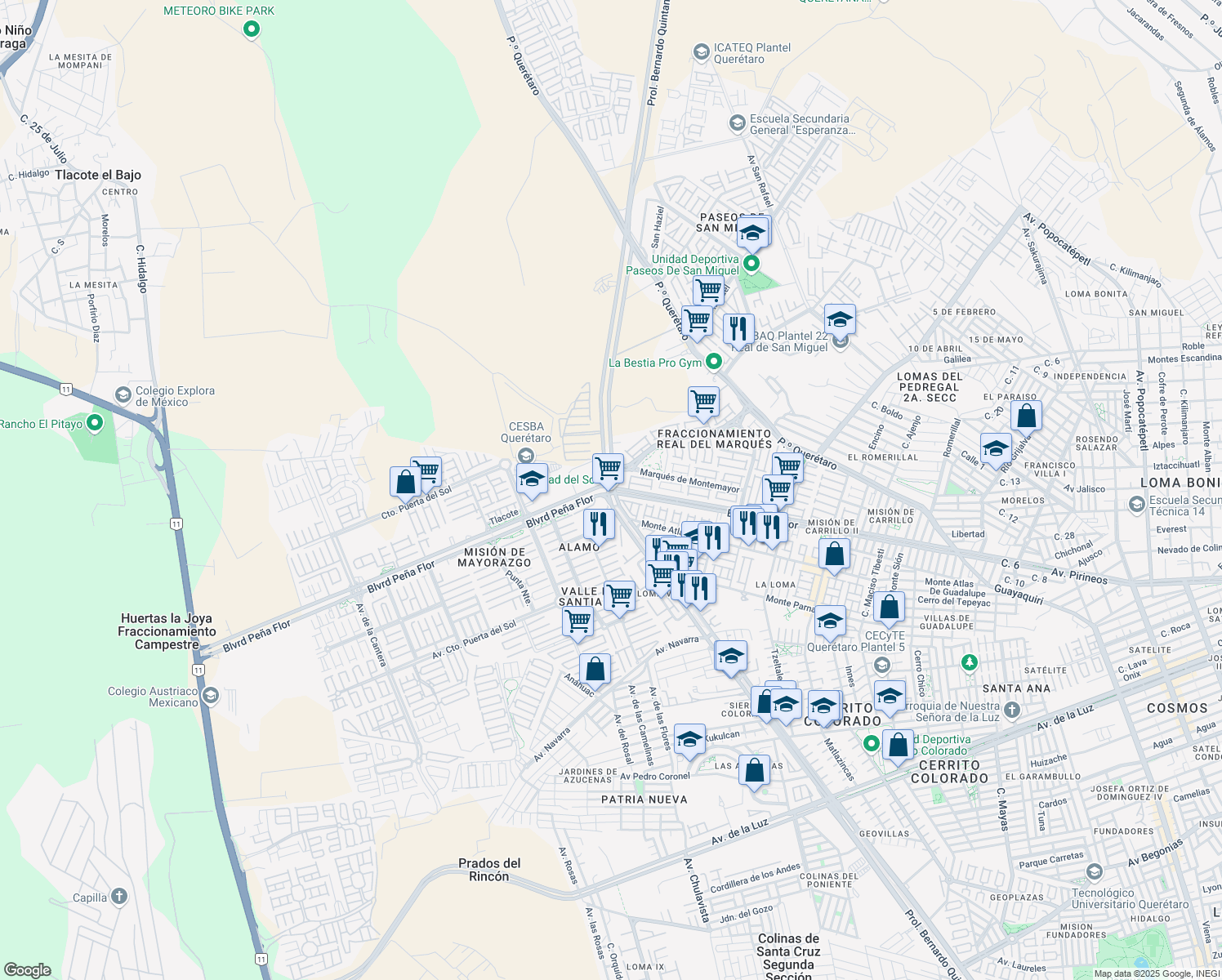 map of restaurants, bars, coffee shops, grocery stores, and more near 123 Boulevard Peña Flor in Santiago de Querétaro