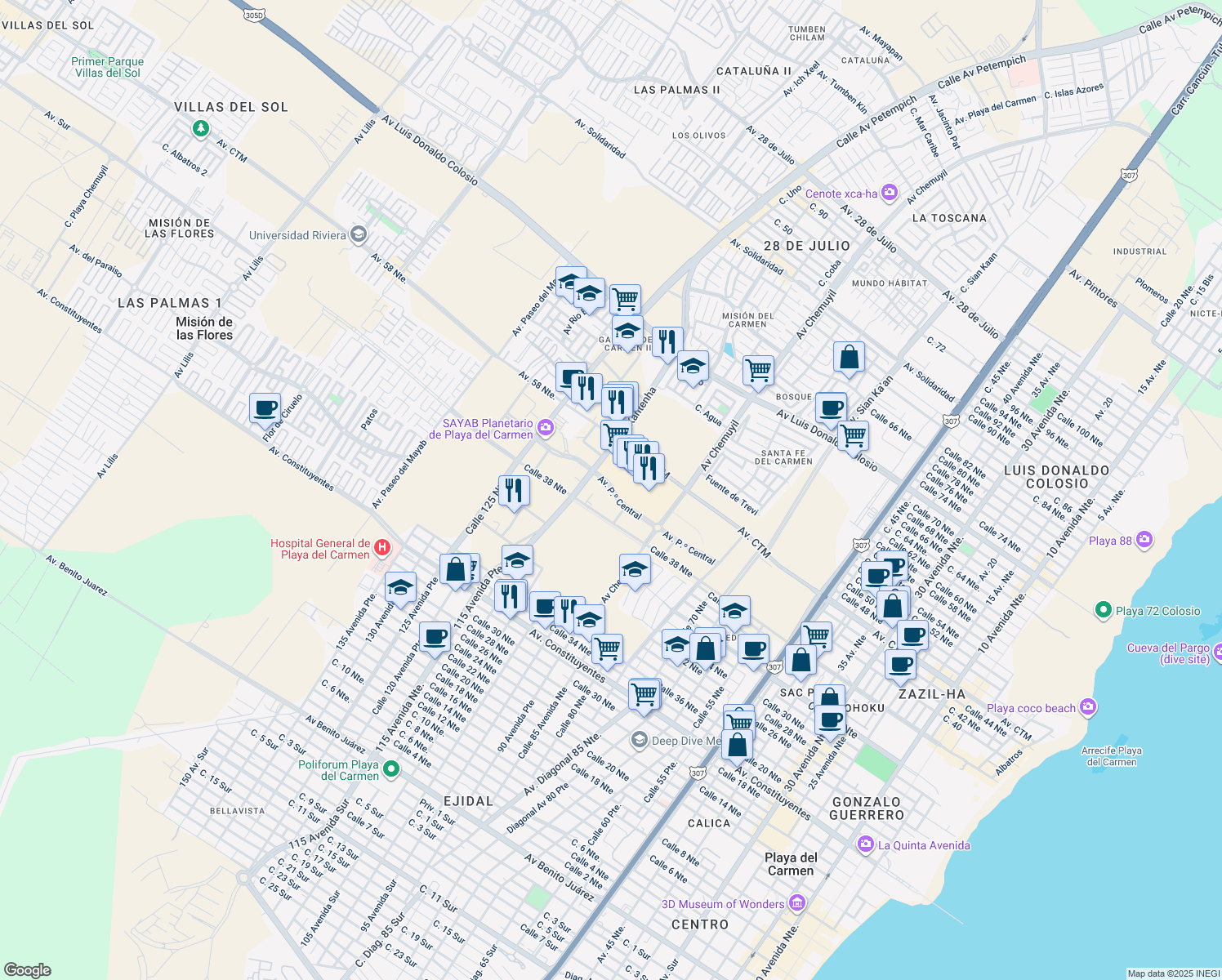 map of restaurants, bars, coffee shops, grocery stores, and more near Avenida Paseo Central in Playa del Carmen