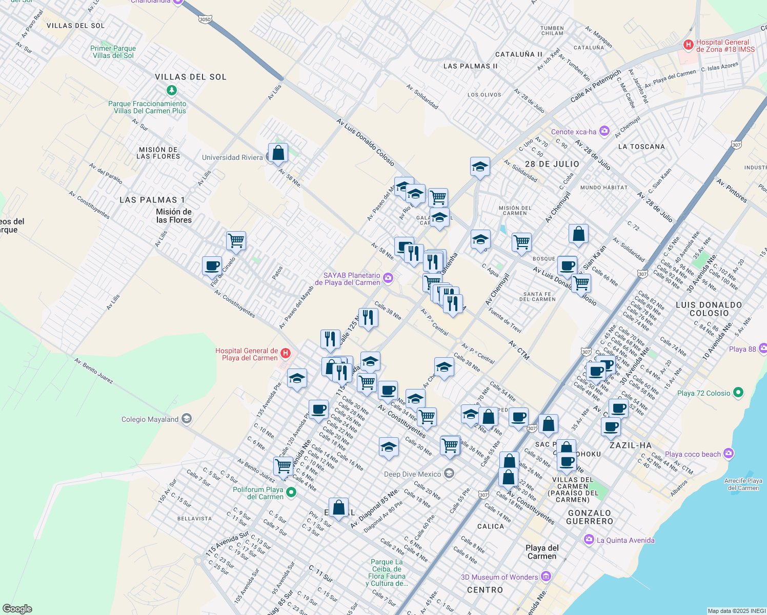 map of restaurants, bars, coffee shops, grocery stores, and more near Calle 38 Norte in Playa del Carmen