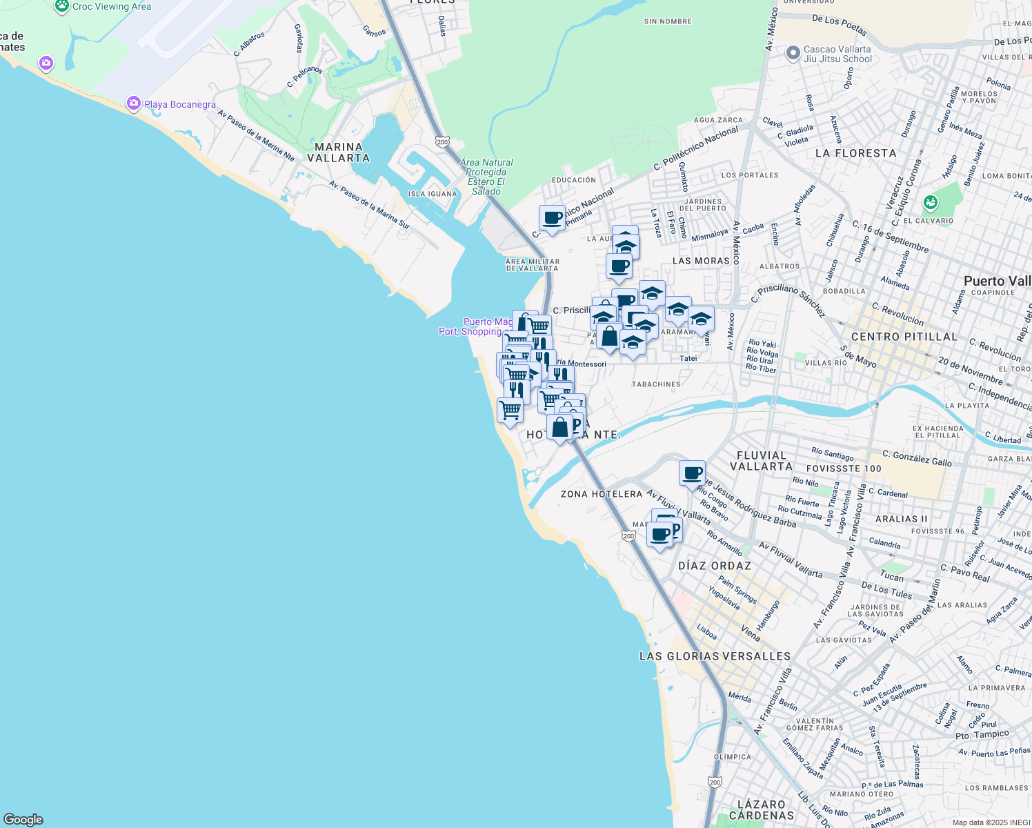 map of restaurants, bars, coffee shops, grocery stores, and more near 140 Avenida de las Garzas in Puerto Vallarta