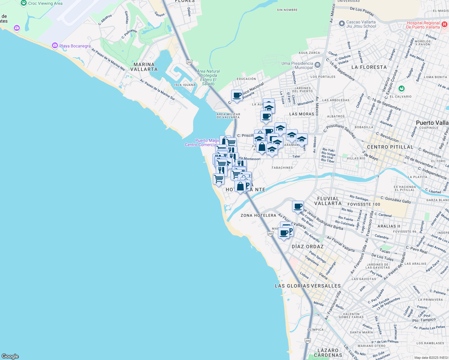 map of restaurants, bars, coffee shops, grocery stores, and more near 140 Avenida de las Garzas in Puerto Vallarta