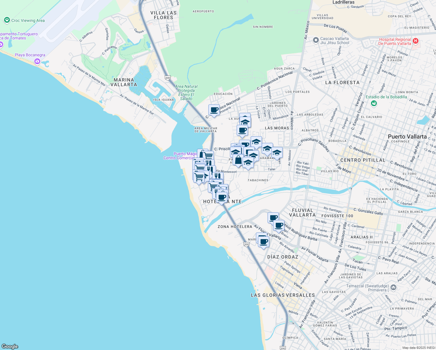 map of restaurants, bars, coffee shops, grocery stores, and more near 360 María Montessori in Puerto Vallarta
