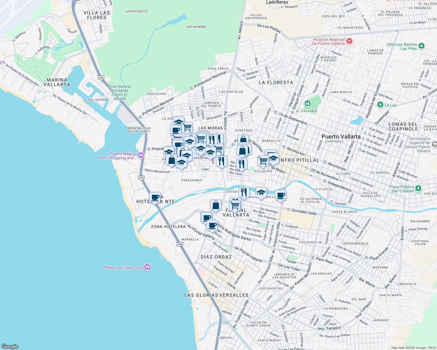 map of restaurants, bars, coffee shops, grocery stores, and more near in Puerto Vallarta