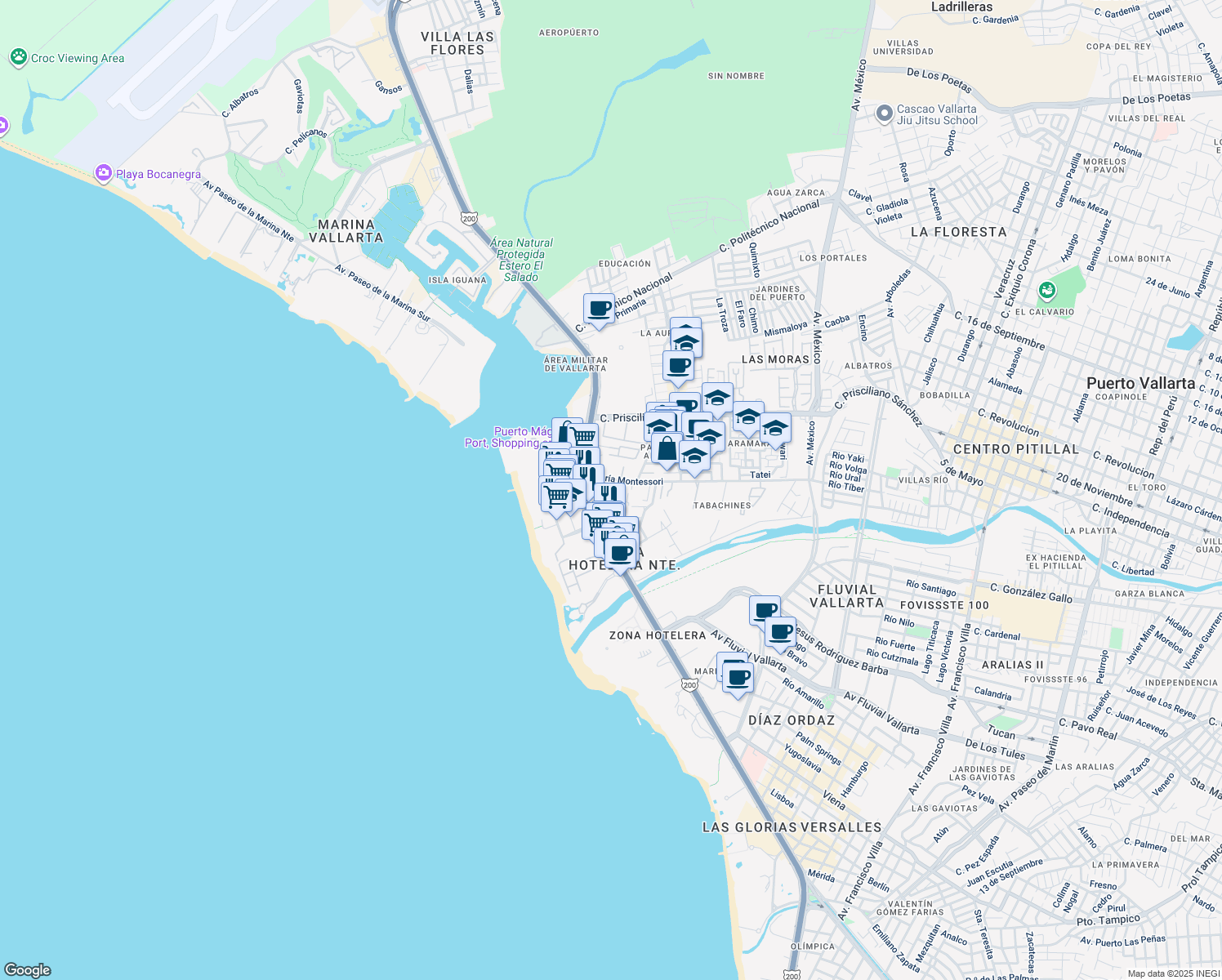 map of restaurants, bars, coffee shops, grocery stores, and more near 360 María Montessori in Puerto Vallarta
