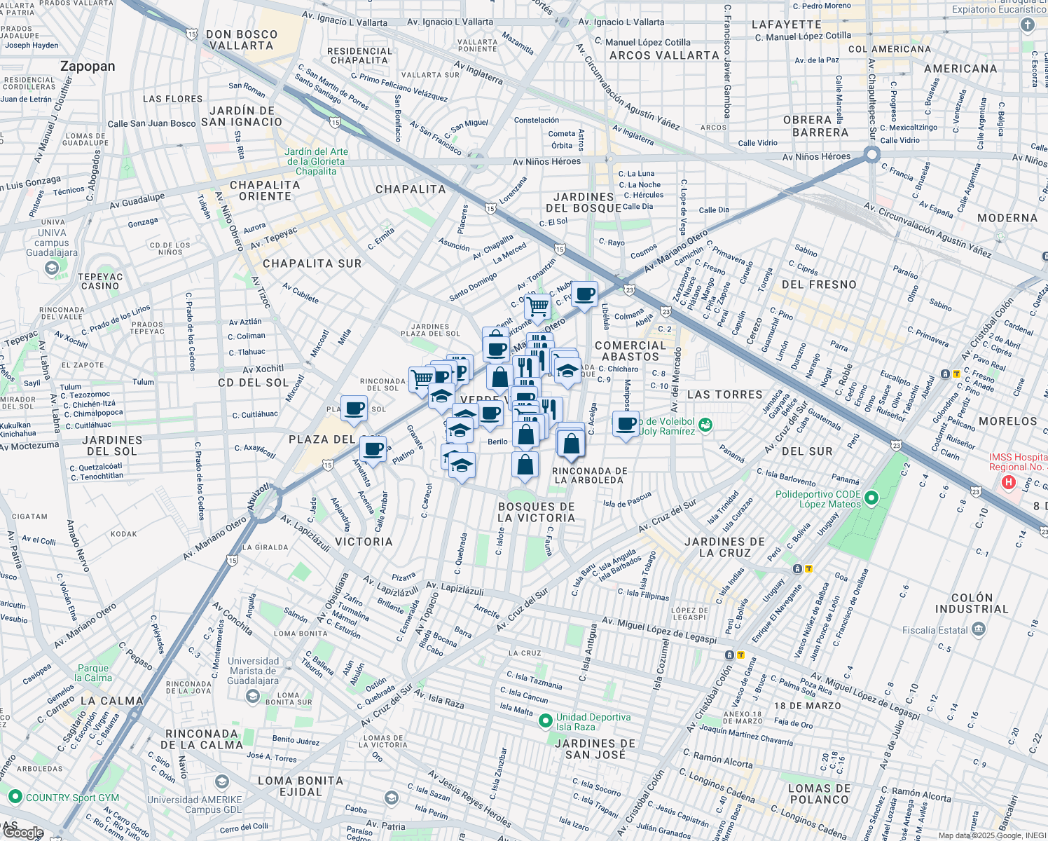 map of restaurants, bars, coffee shops, grocery stores, and more near 2350 Avenida Faro in Guadalajara
