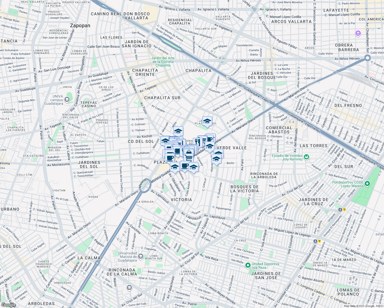 map of restaurants, bars, coffee shops, grocery stores, and more near 1390 Avenida Mariano Otero in Guadalajara