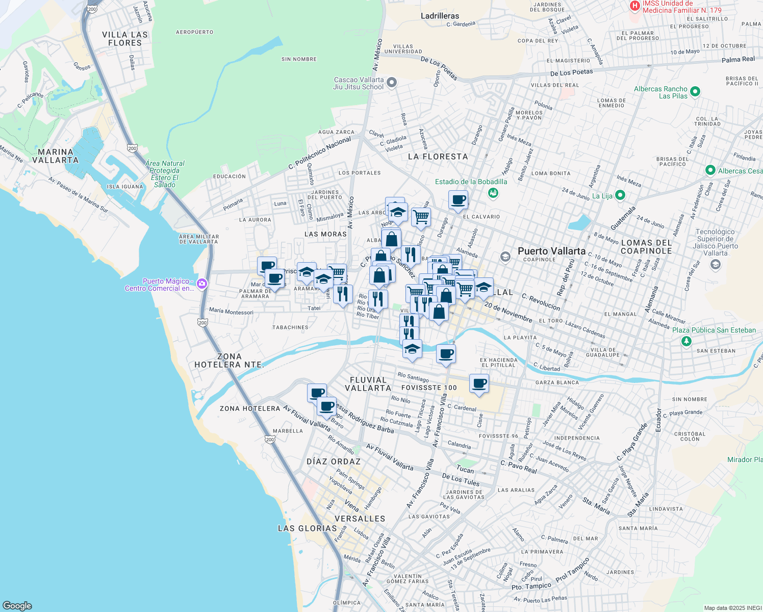 map of restaurants, bars, coffee shops, grocery stores, and more near Río Volga in Puerto Vallarta