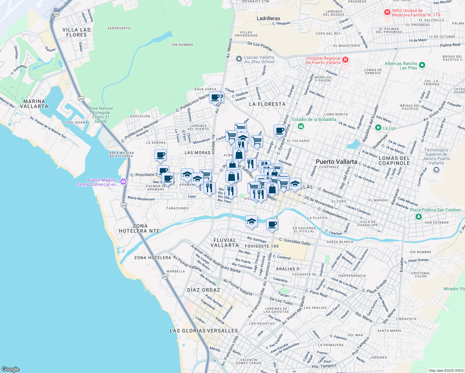 map of restaurants, bars, coffee shops, grocery stores, and more near 10 Avenida de los Grandes Lagos in Puerto Vallarta