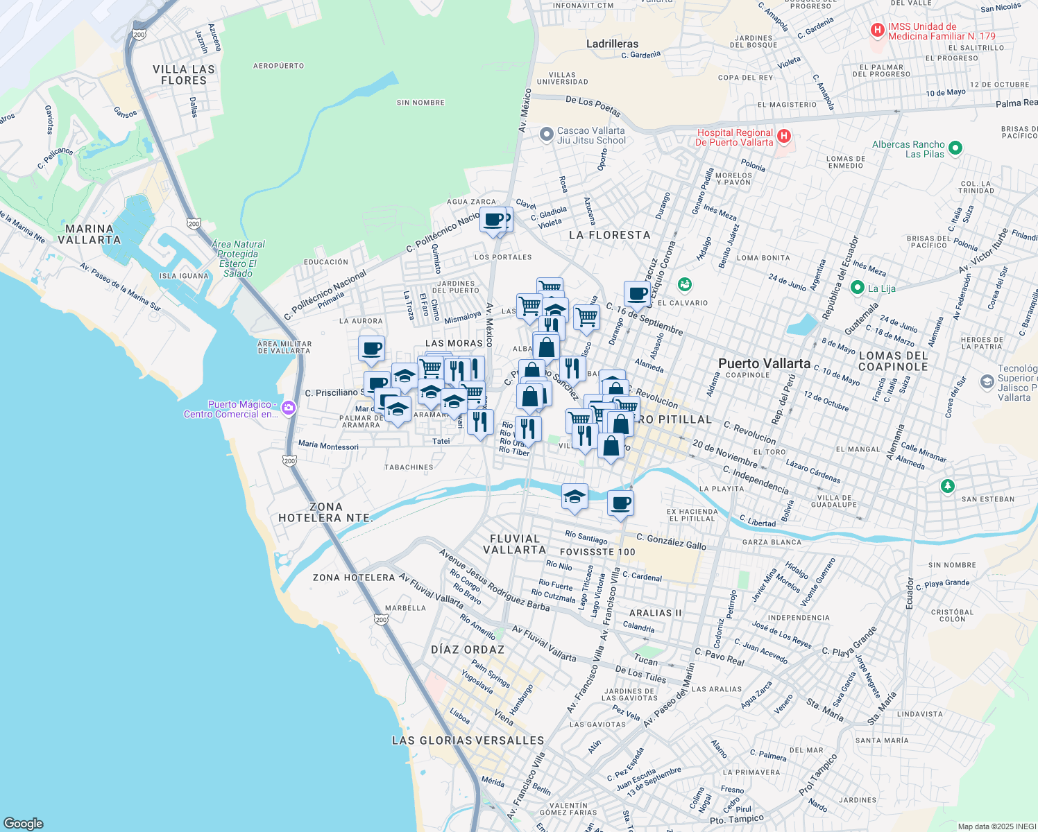 map of restaurants, bars, coffee shops, grocery stores, and more near 10 Avenida de los Grandes Lagos in Puerto Vallarta