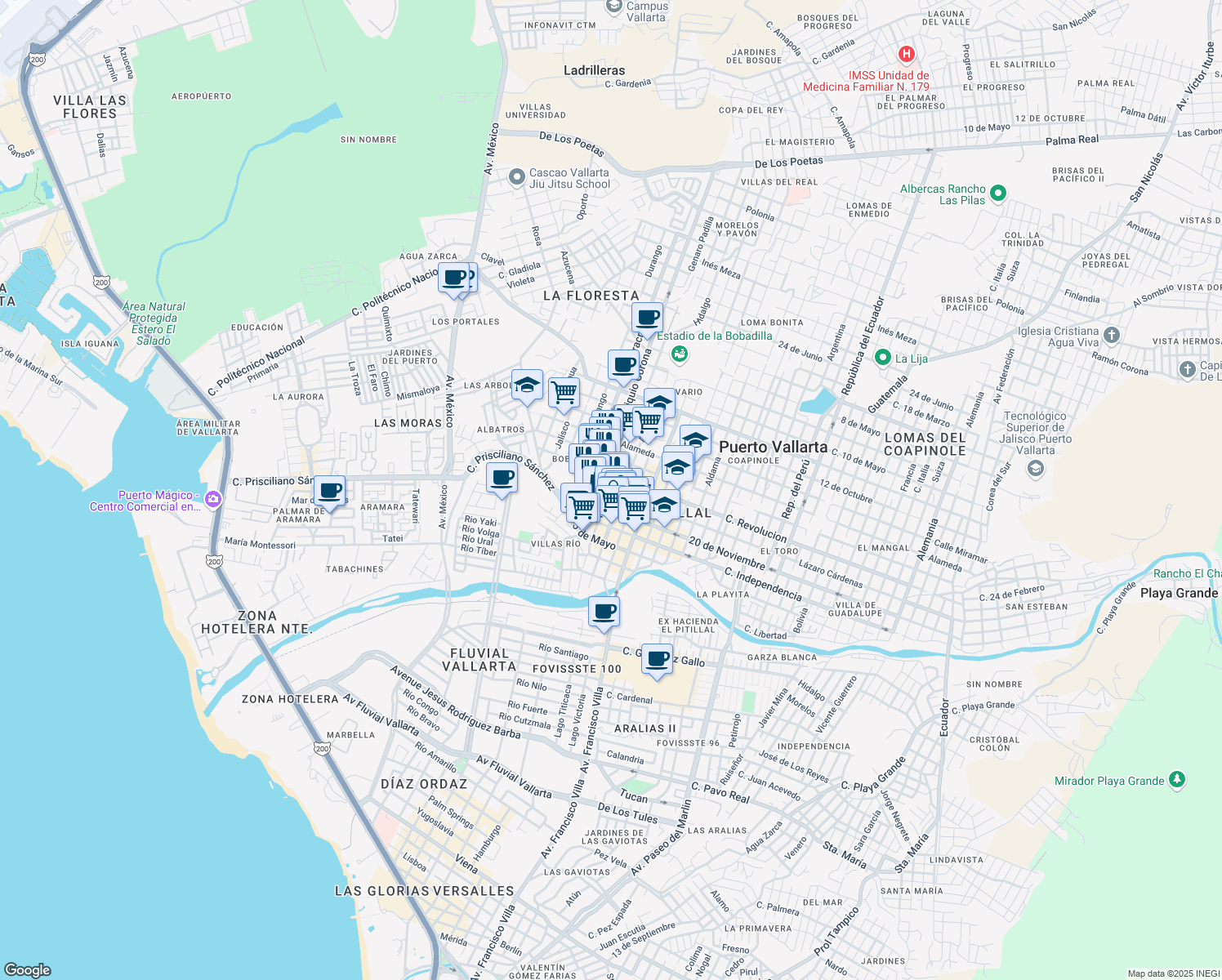 map of restaurants, bars, coffee shops, grocery stores, and more near 155 Lázaro Cárdenas in Puerto Vallarta