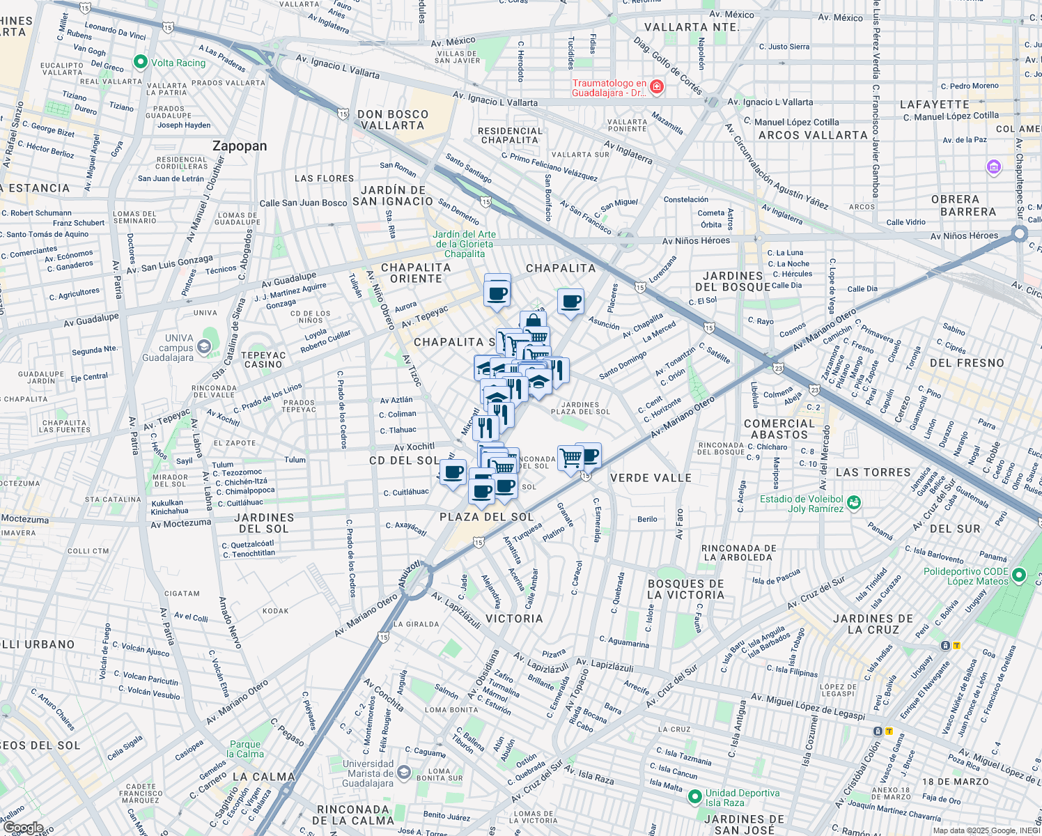 map of restaurants, bars, coffee shops, grocery stores, and more near 2121 Avenida Adolfo López Mateos Sur in Zapopan