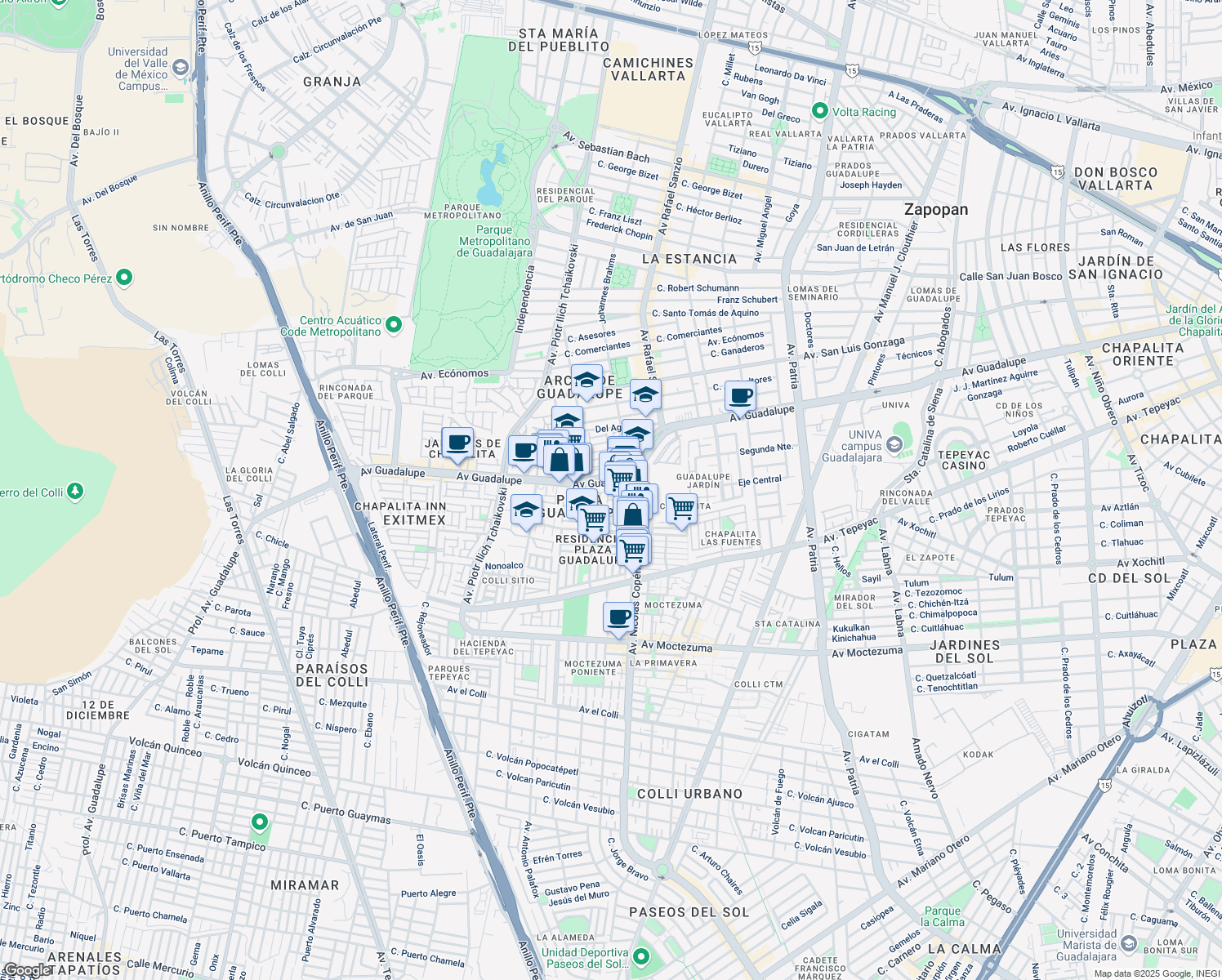 map of restaurants, bars, coffee shops, grocery stores, and more near 3280 Avenida Nicolás Copérnico in Zapopan