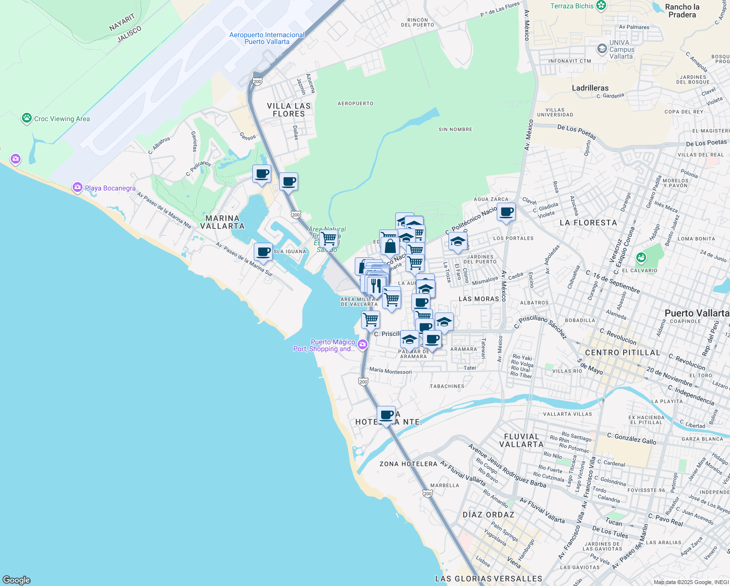 map of restaurants, bars, coffee shops, grocery stores, and more near Boulevard Francisco Medina Ascencio in Puerto Vallarta