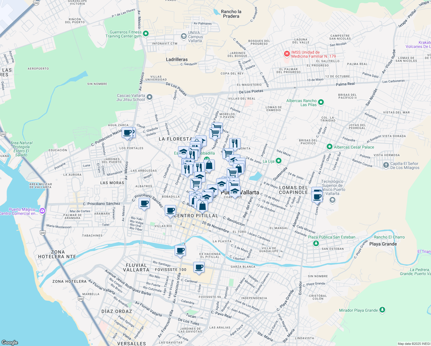 map of restaurants, bars, coffee shops, grocery stores, and more near 422 Juárez in Puerto Vallarta