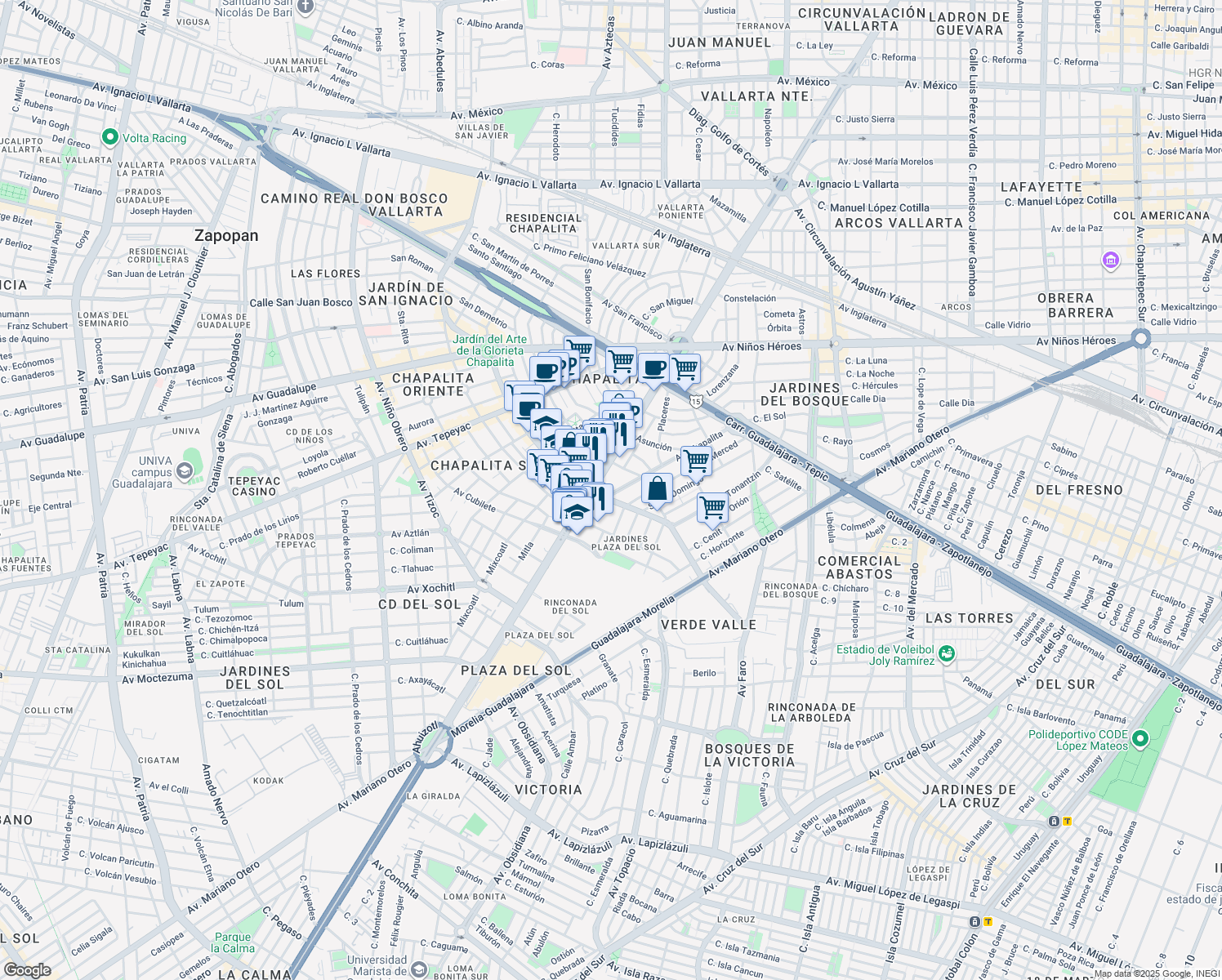 map of restaurants, bars, coffee shops, grocery stores, and more near 1436 Avenida Chapalita in Guadalajara