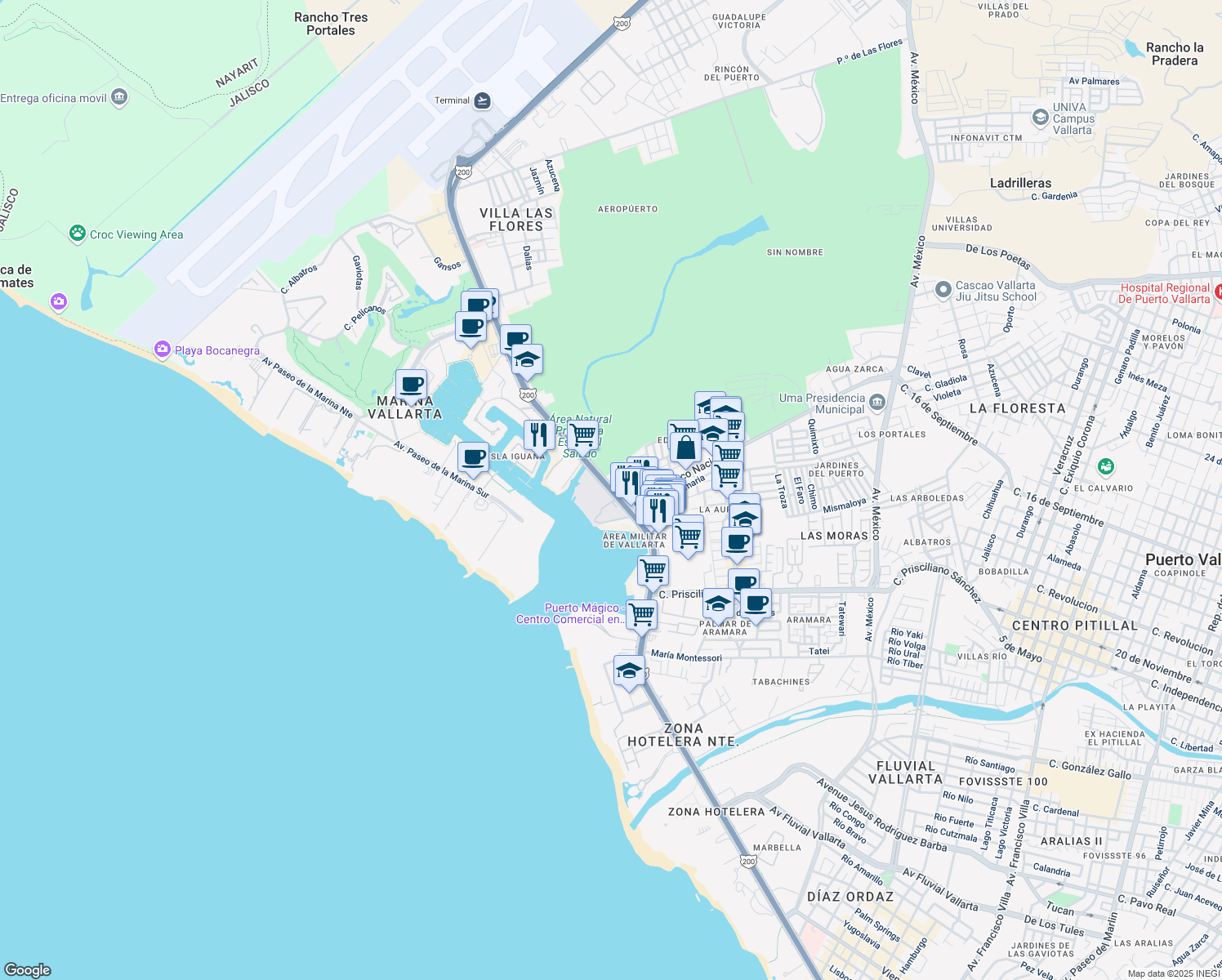 map of restaurants, bars, coffee shops, grocery stores, and more near Boulevard Francisco Medina Ascencio in Puerto Vallarta