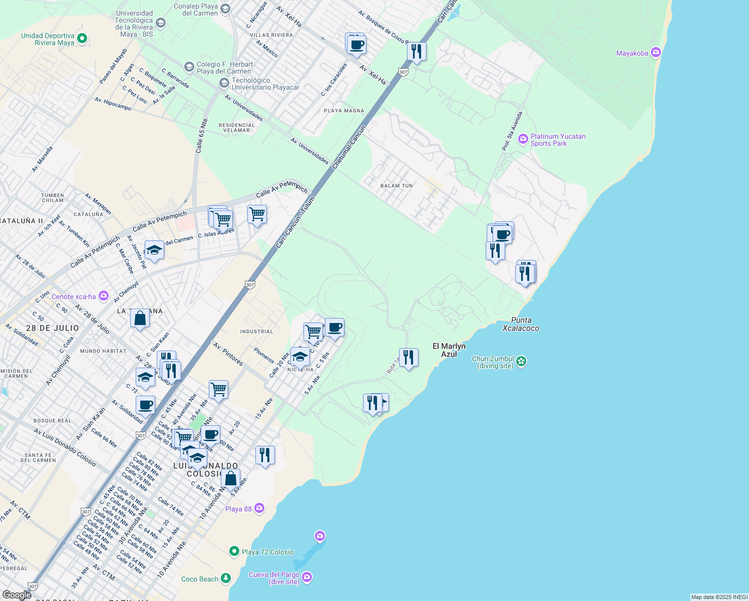 map of restaurants, bars, coffee shops, grocery stores, and more near in Playa del Carmen