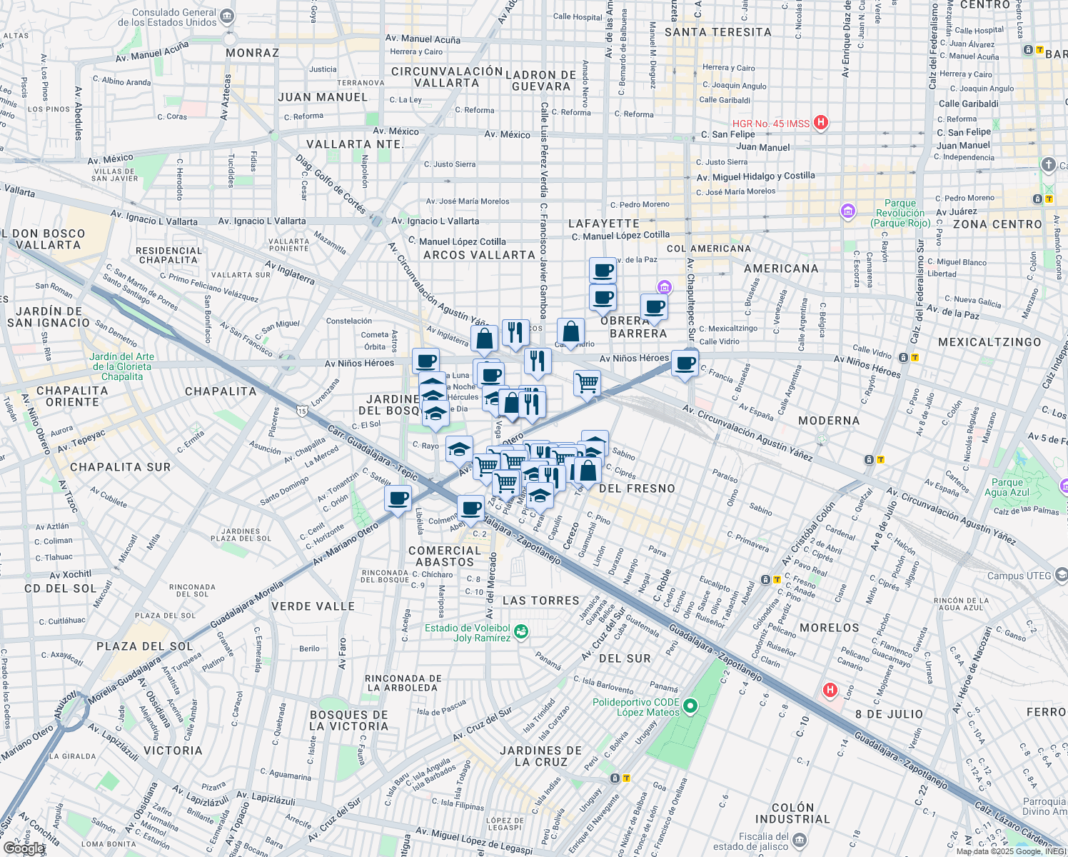 map of restaurants, bars, coffee shops, grocery stores, and more near 1390 Avenida Mariano Otero in Guadalajara