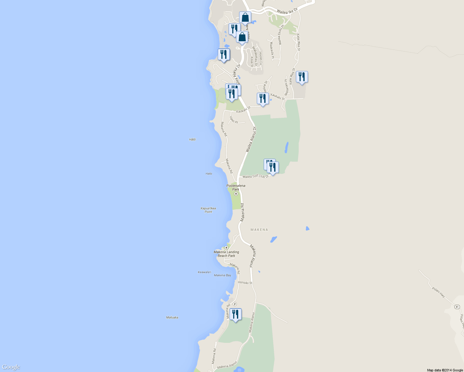 map of restaurants, bars, coffee shops, grocery stores, and more near 4690 Makena Road in Kihei