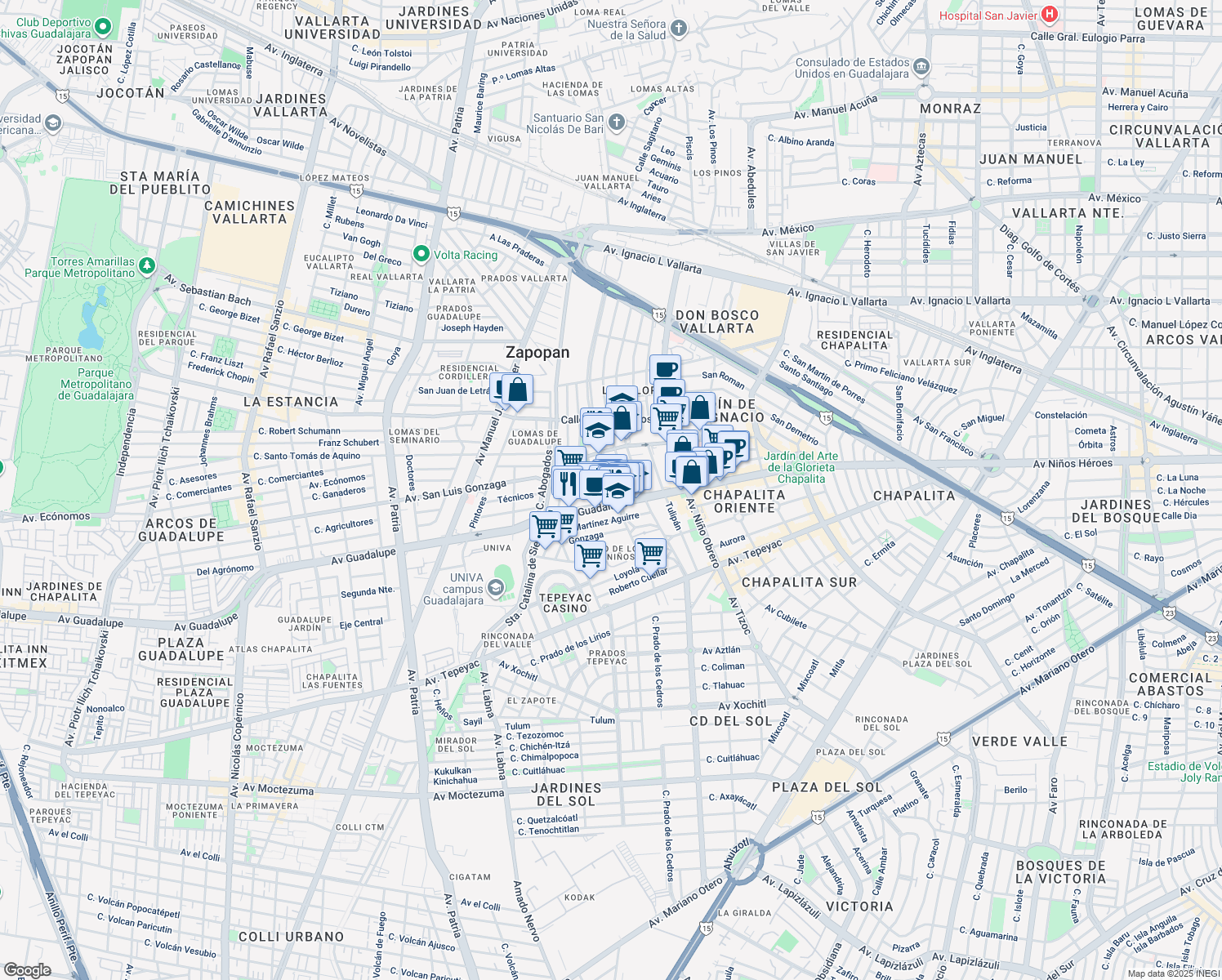 map of restaurants, bars, coffee shops, grocery stores, and more near Santa Teresa de Jesús in Zapopan