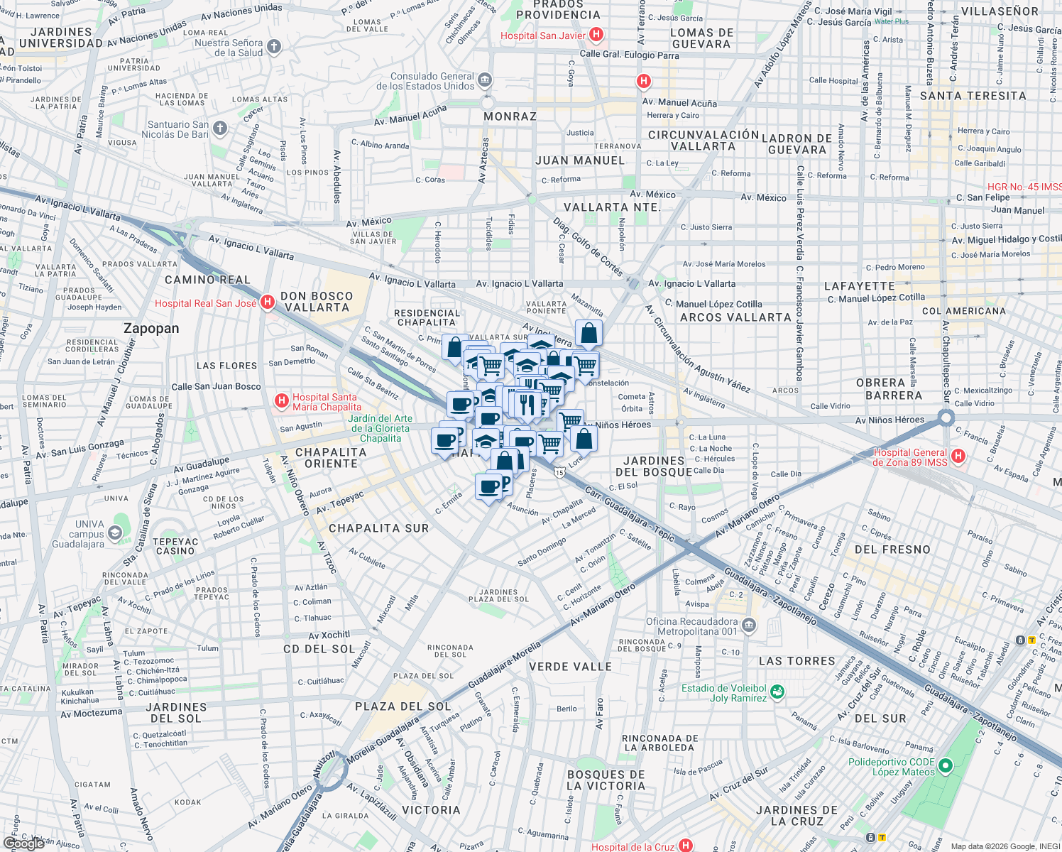 map of restaurants, bars, coffee shops, grocery stores, and more near 420 Avenida Guadalupe in Guadalajara