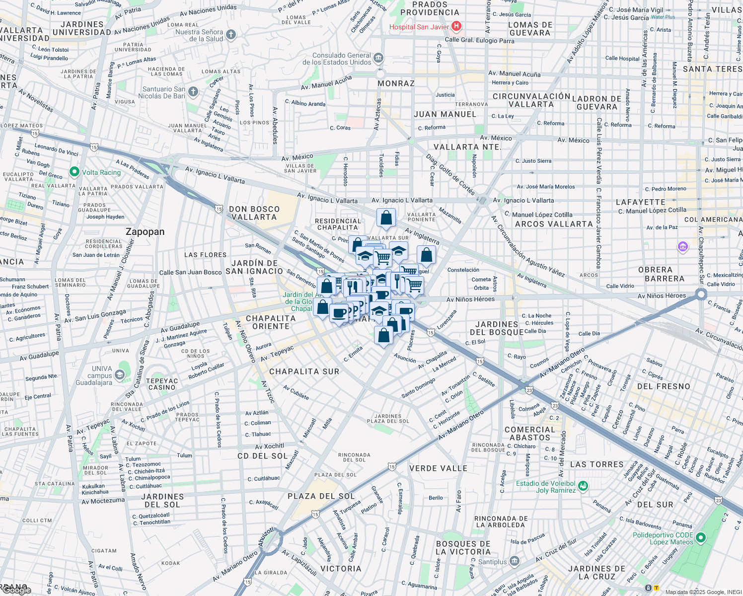 map of restaurants, bars, coffee shops, grocery stores, and more near 420 Avenida Guadalupe in Guadalajara