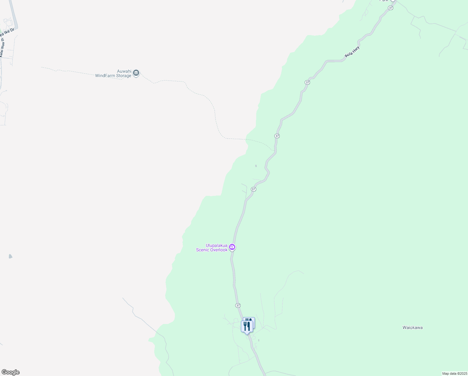 map of restaurants, bars, coffee shops, grocery stores, and more near 13434 Kula Highway in Kula