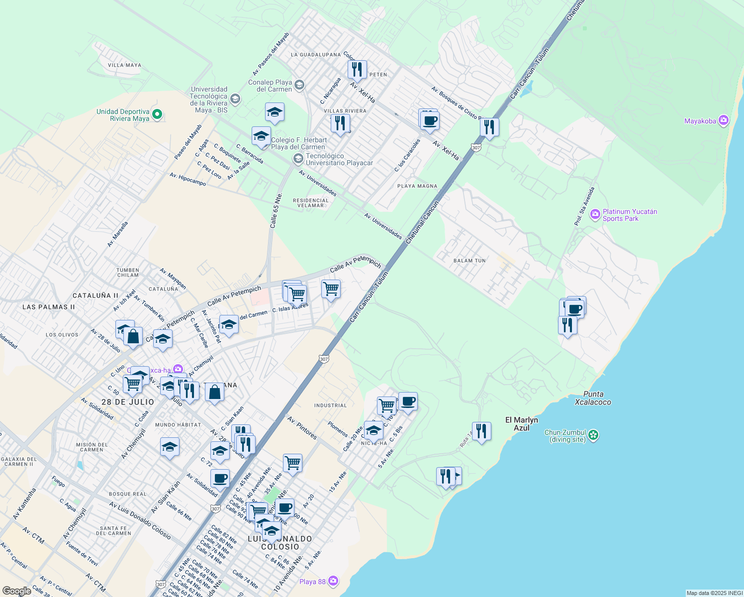map of restaurants, bars, coffee shops, grocery stores, and more near km 294 Carretera Federal 307 in Playa del Carmen