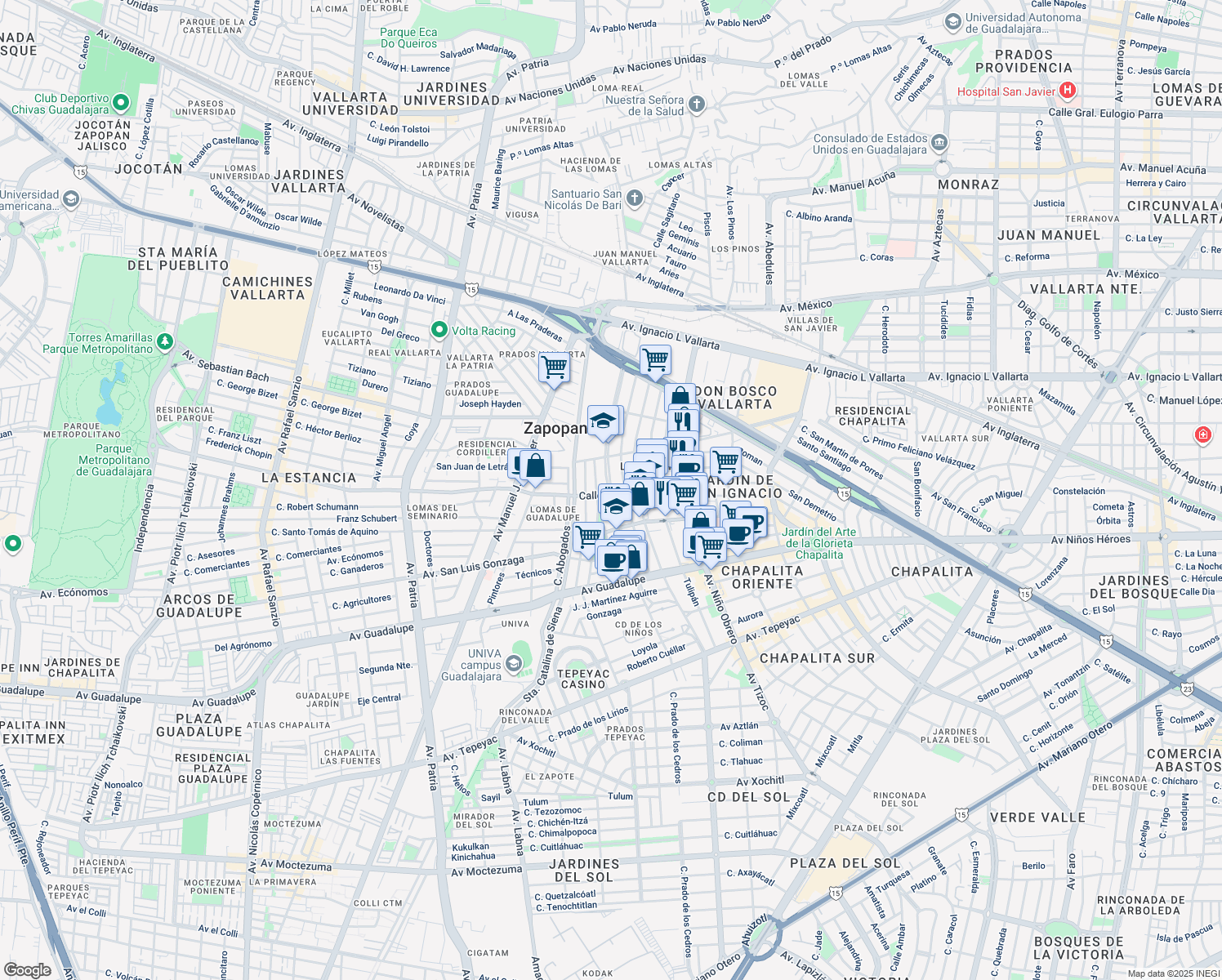 map of restaurants, bars, coffee shops, grocery stores, and more near Santa Teresa de Jesús in Zapopan