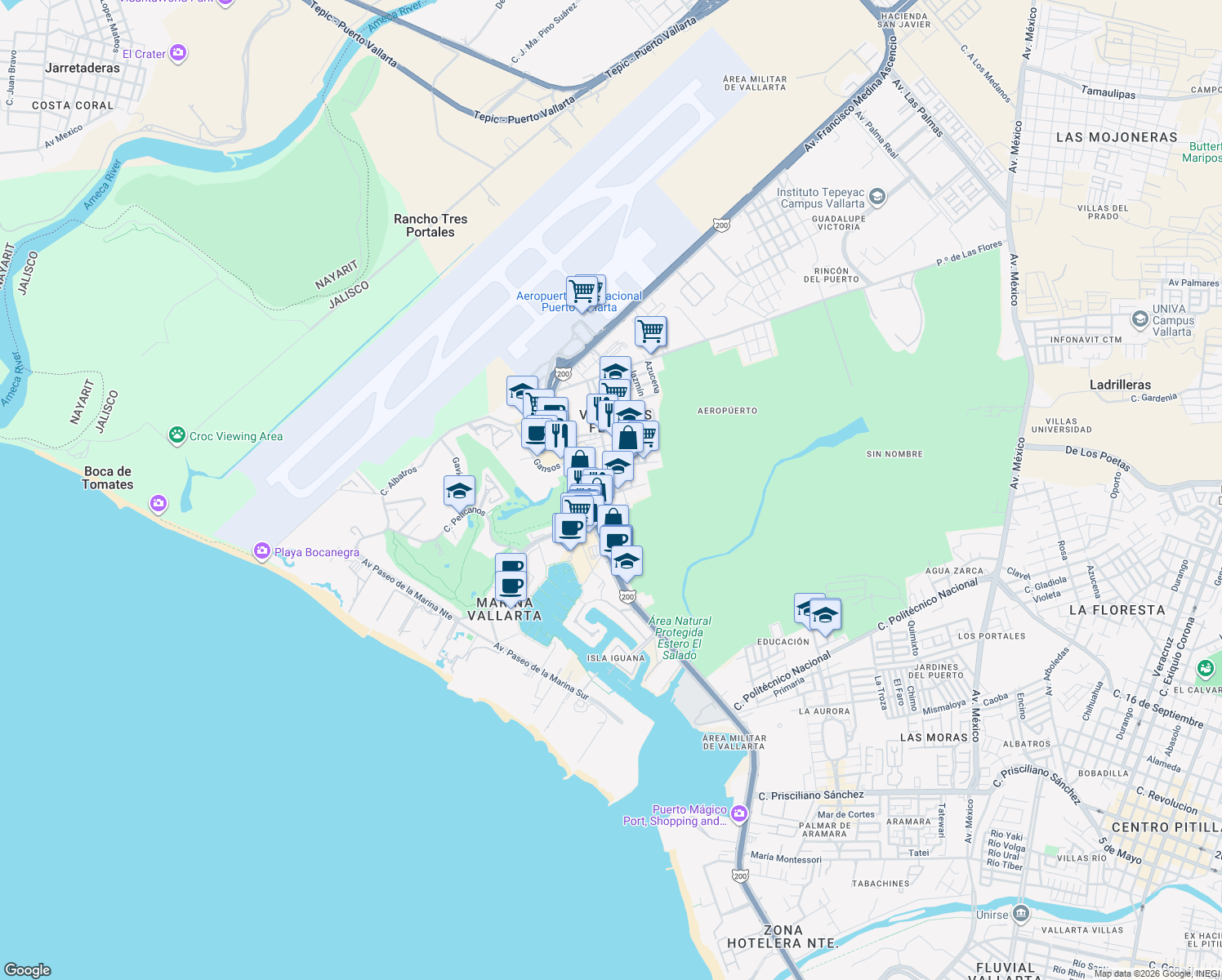 map of restaurants, bars, coffee shops, grocery stores, and more near 133 Industrias in Puerto Vallarta