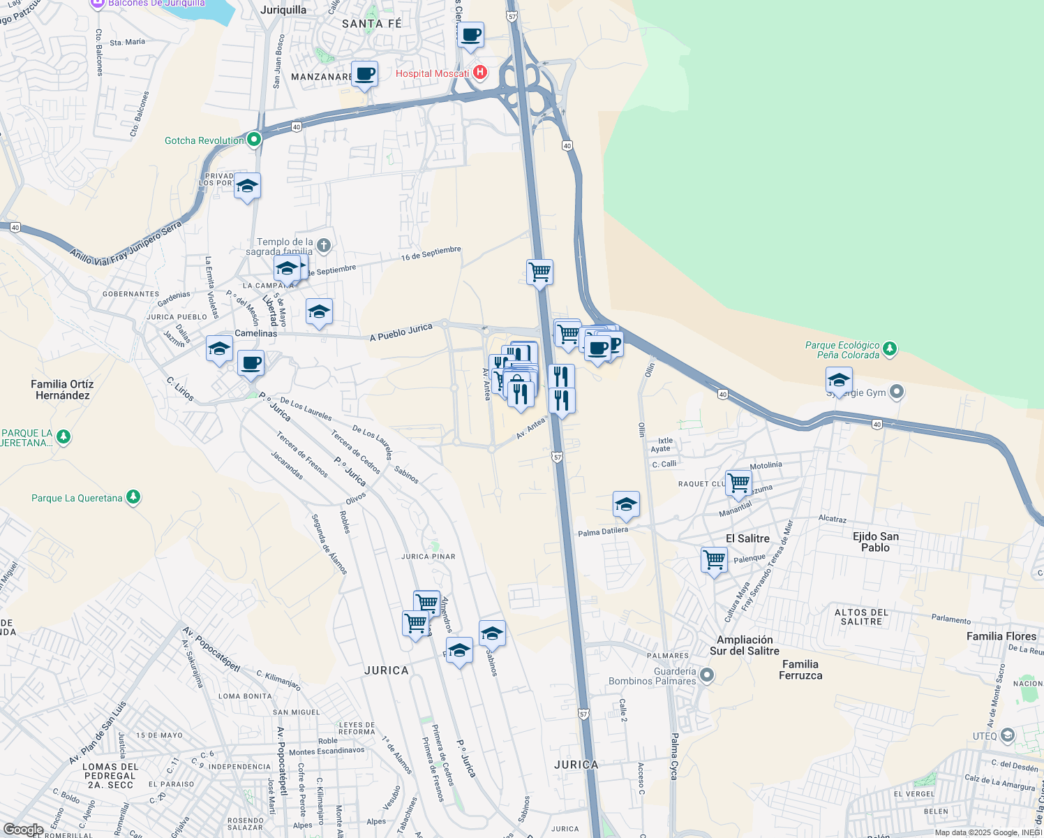 map of restaurants, bars, coffee shops, grocery stores, and more near 12401 San Luis Potosí - Santiago de Querétaro in El Salitre