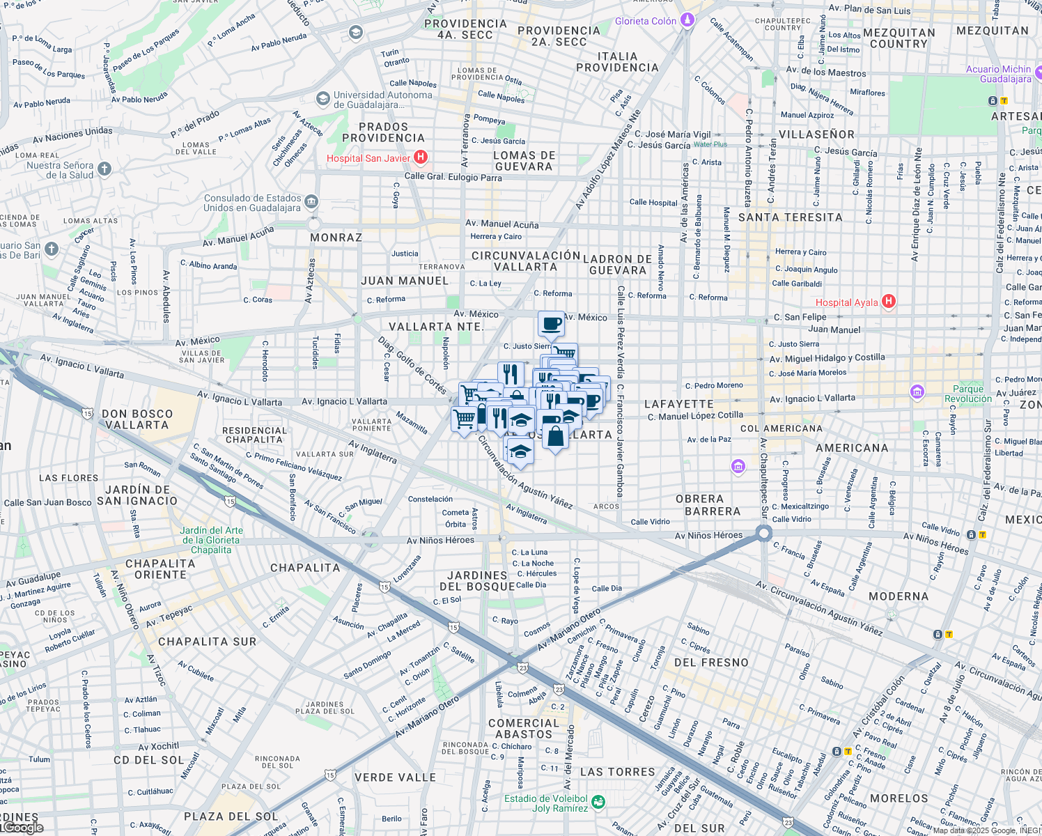 map of restaurants, bars, coffee shops, grocery stores, and more near 2178 Calle Manuel López Cotilla in Guadalajara