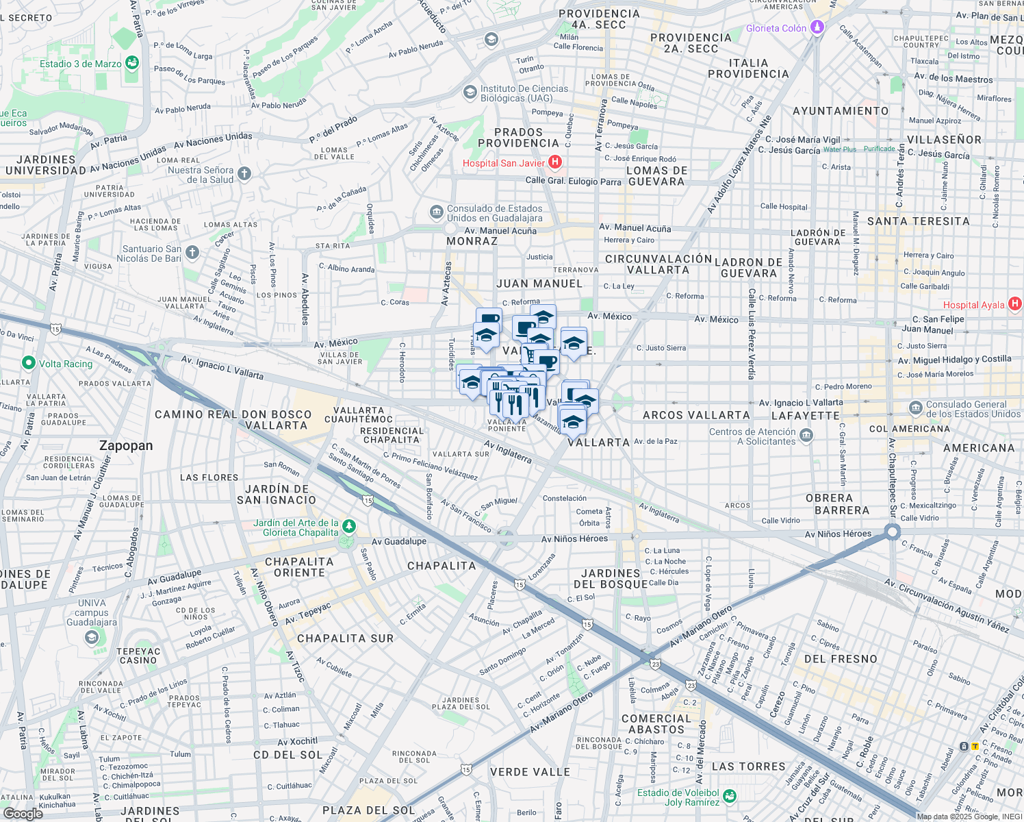 map of restaurants, bars, coffee shops, grocery stores, and more near 2482 Plazuela Vallarta in Guadalajara